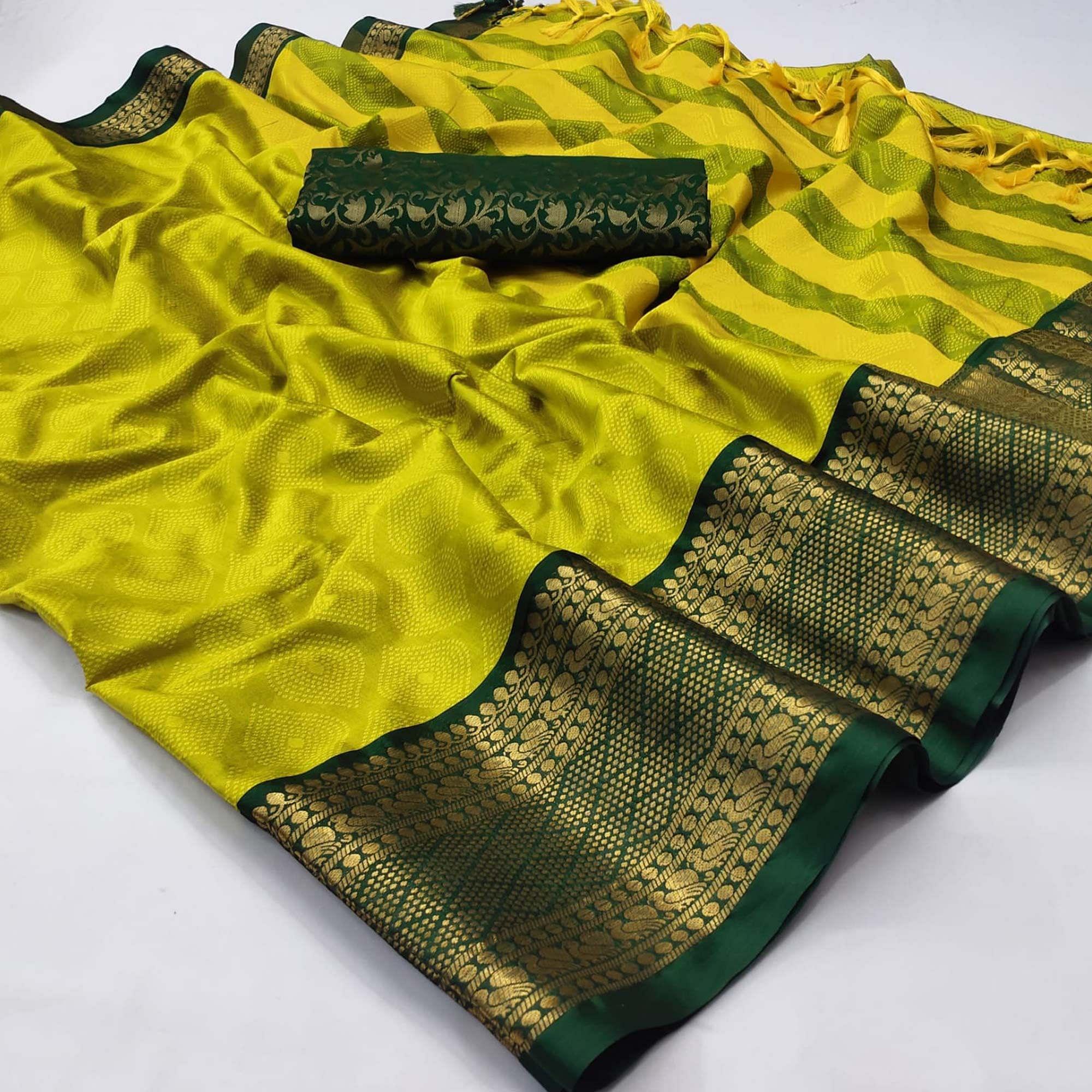 Yellow Printed Cotton Silk Saree - Peachmode