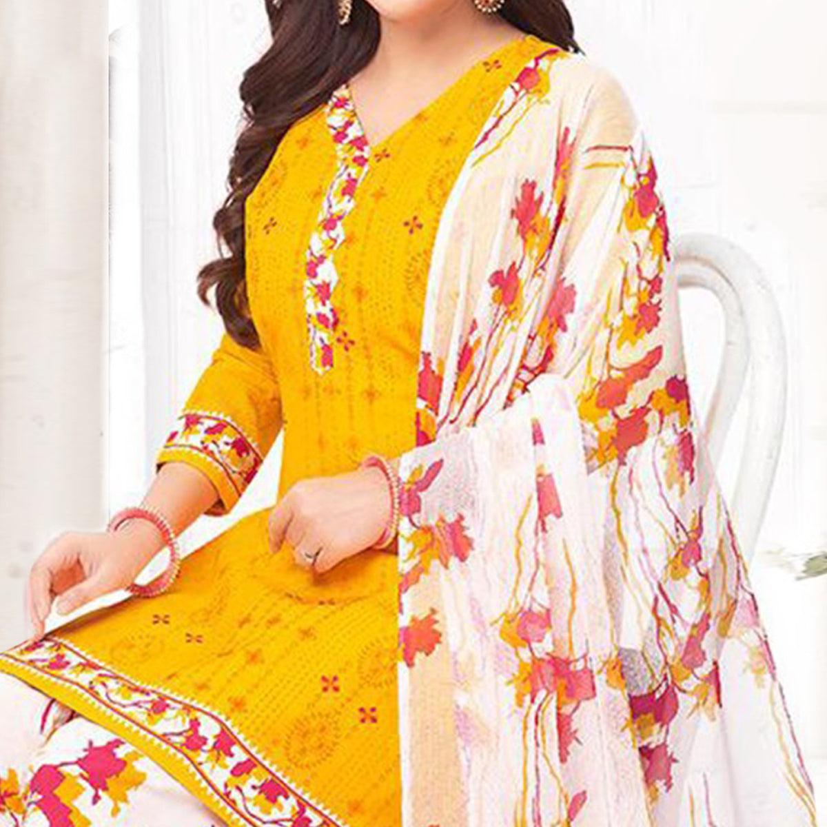 Yellow Printed Crepe Patiala Dress Material - Peachmode