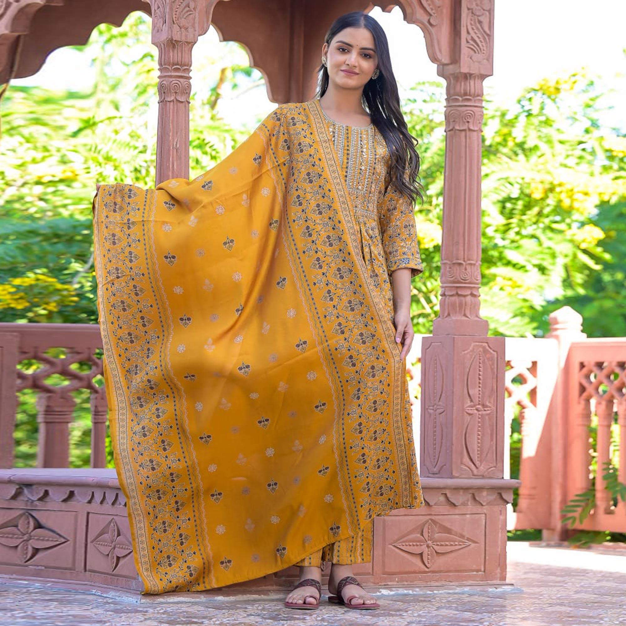 Yellow Printed-Embroidered Chanderi Salwar Suit - Peachmode