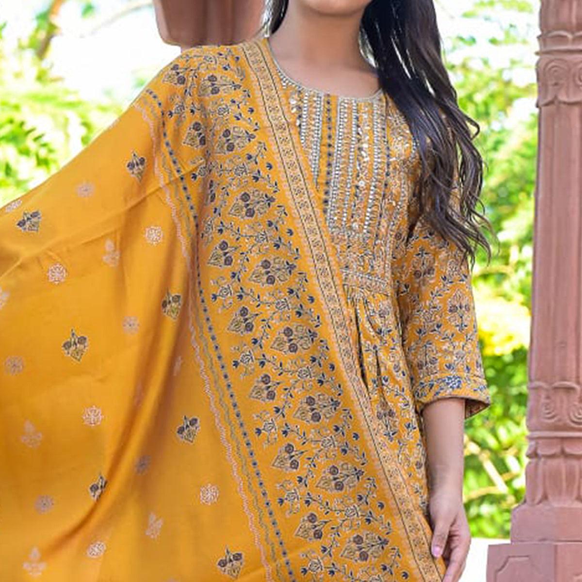 Yellow Printed-Embroidered Chanderi Salwar Suit - Peachmode