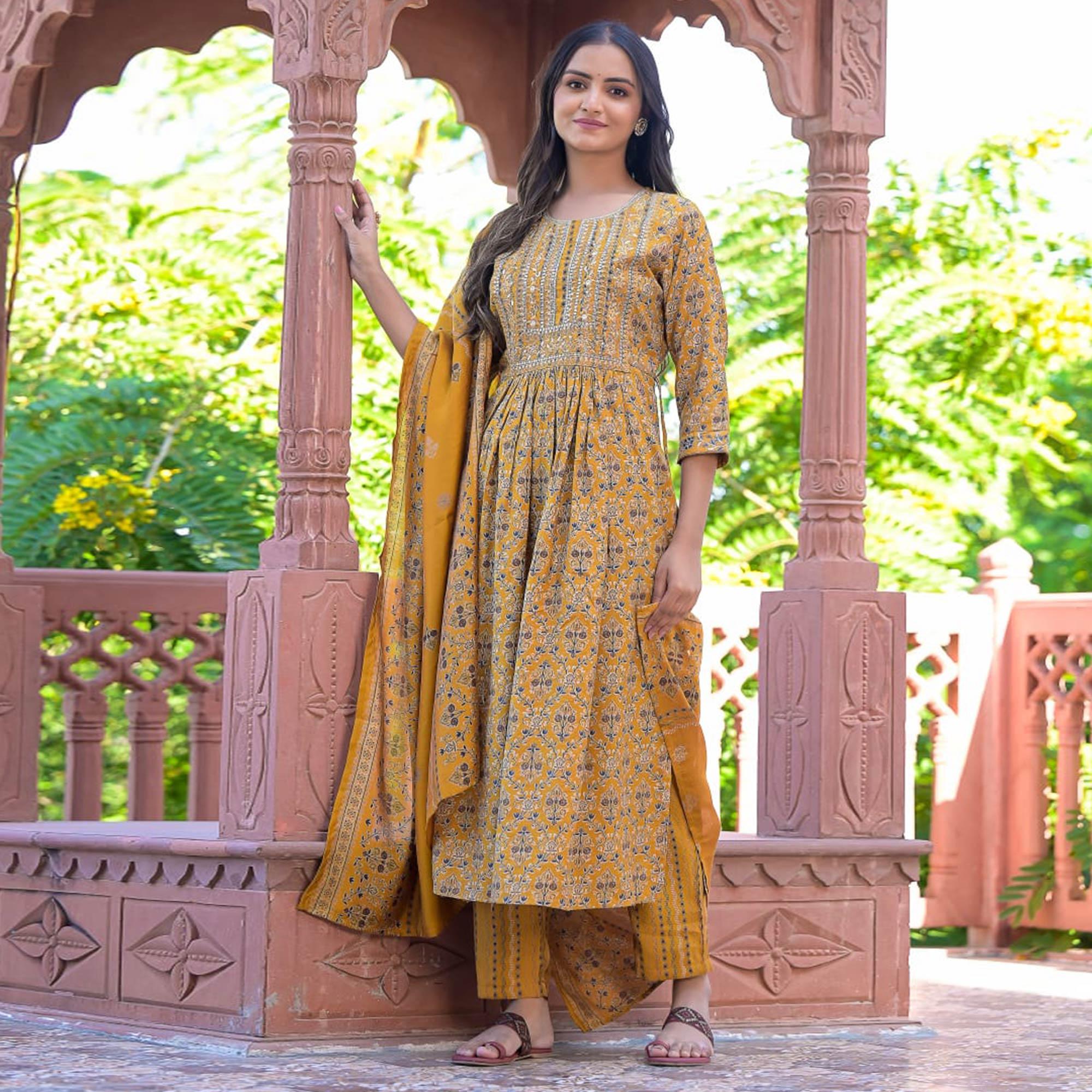 Yellow Printed-Embroidered Chanderi Salwar Suit - Peachmode