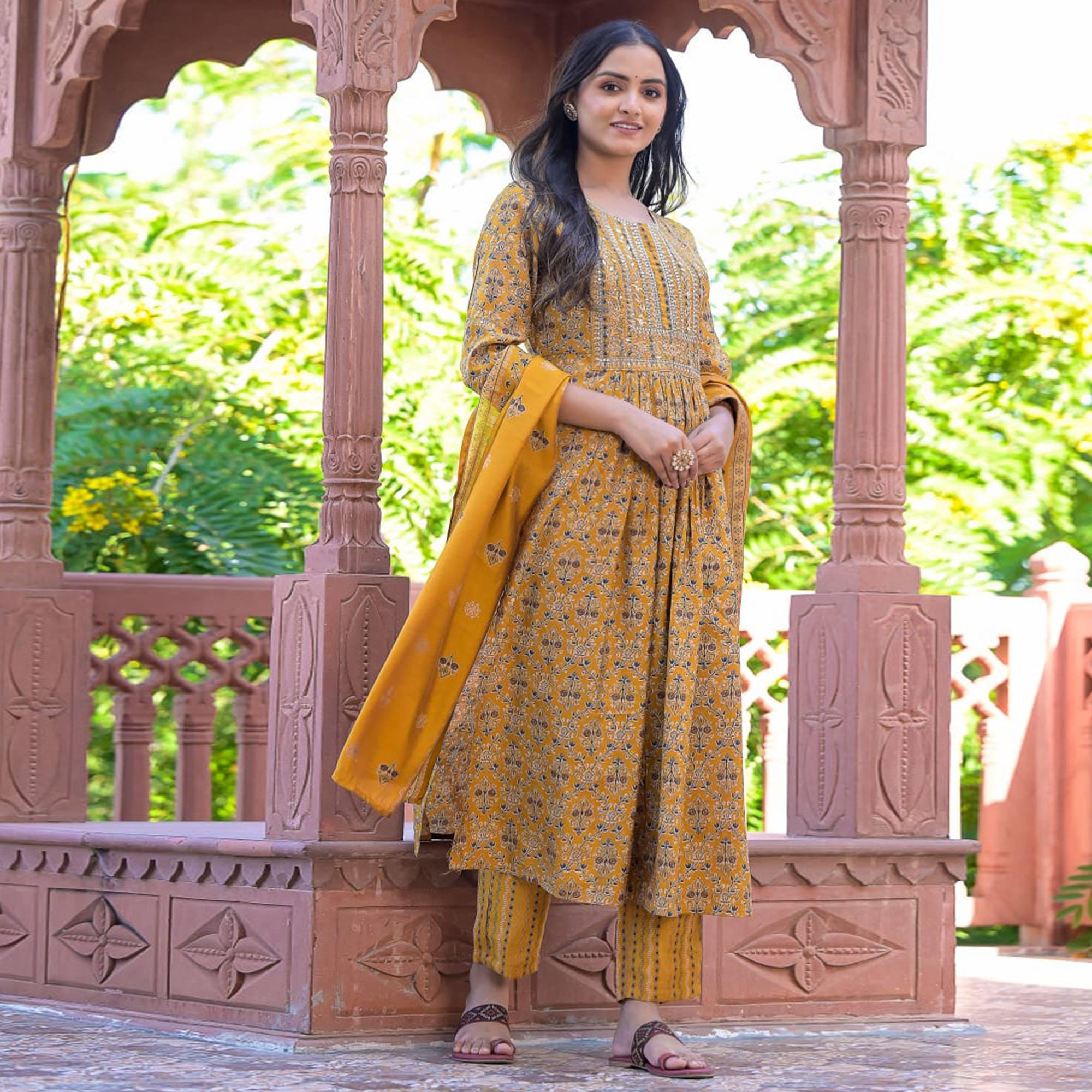 Yellow Printed-Embroidered Chanderi Salwar Suit - Peachmode