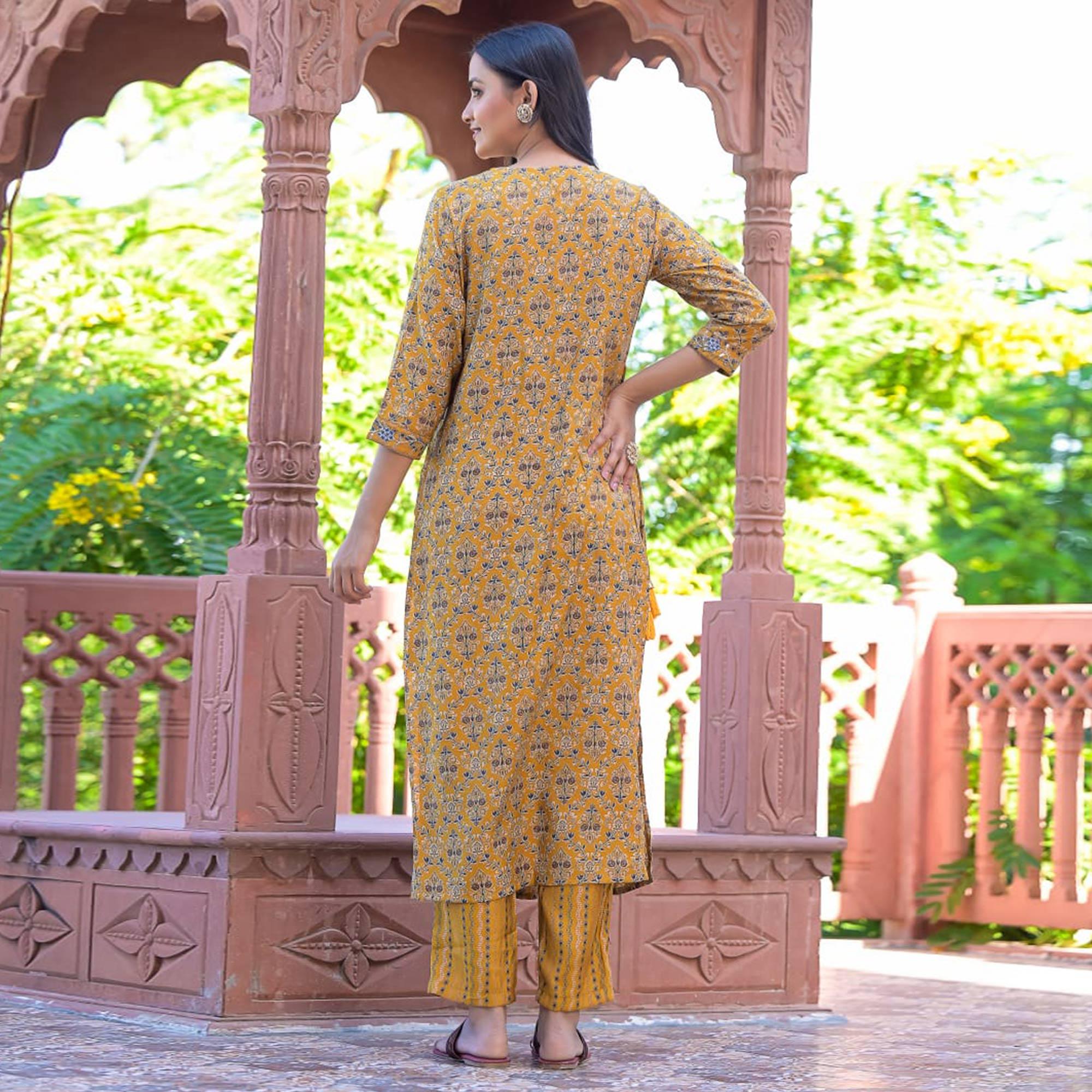 Yellow Printed-Embroidered Chanderi Salwar Suit - Peachmode