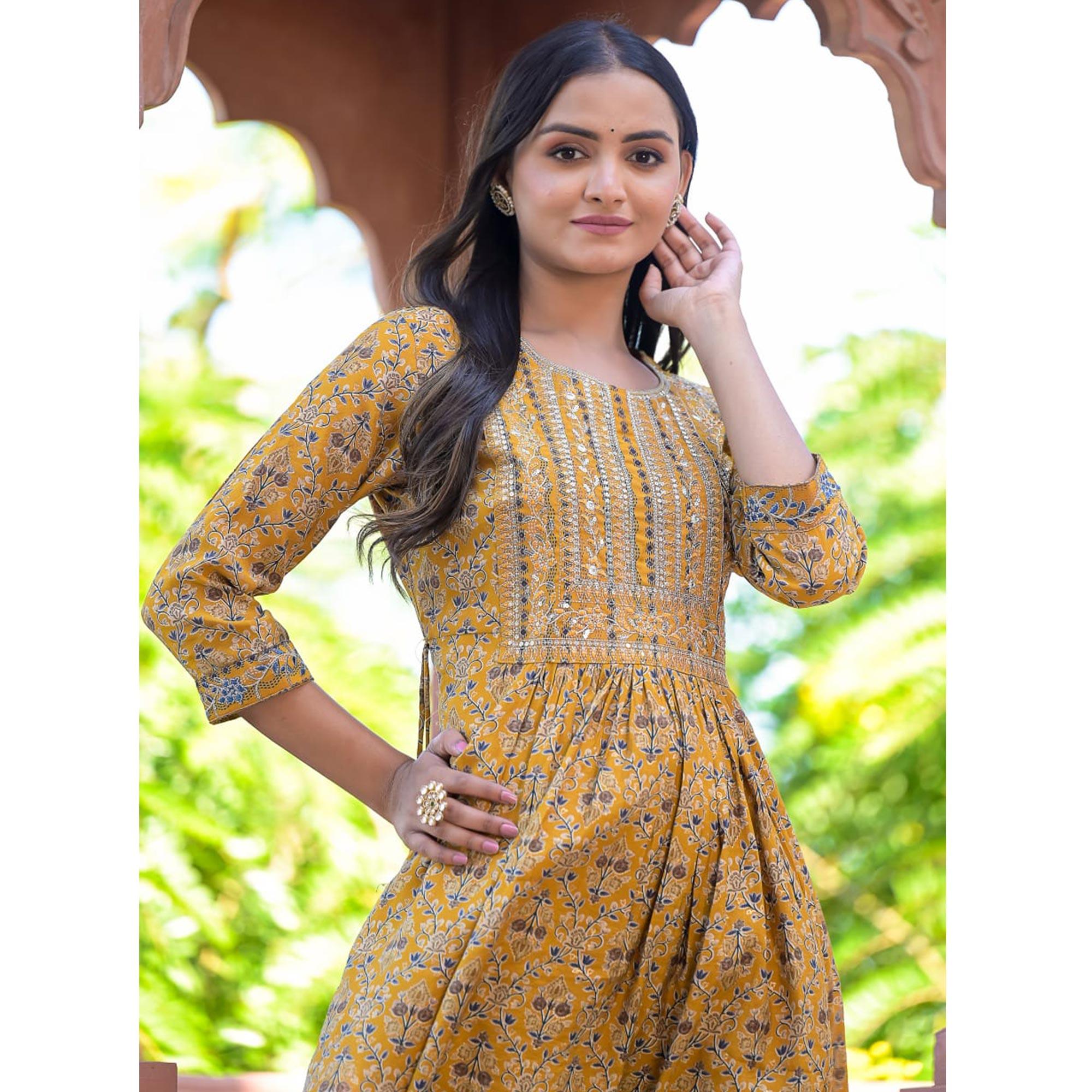 Yellow Printed-Embroidered Chanderi Salwar Suit - Peachmode
