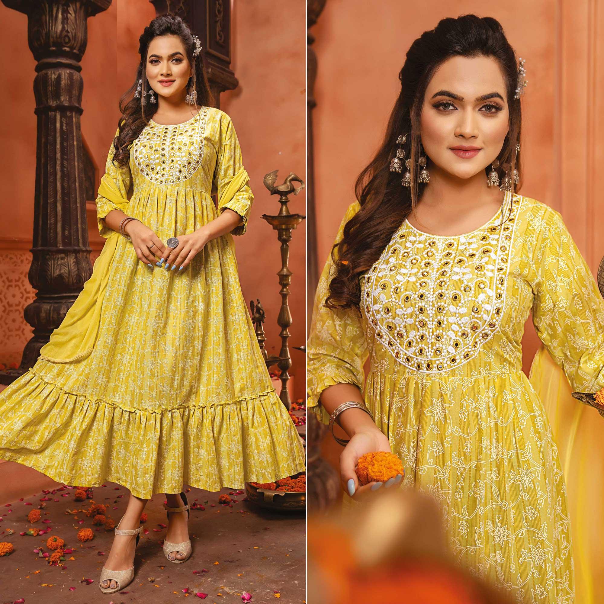 Yellow Printed-Embroidered Poly Cotton Gown With Dupatta - Peachmode