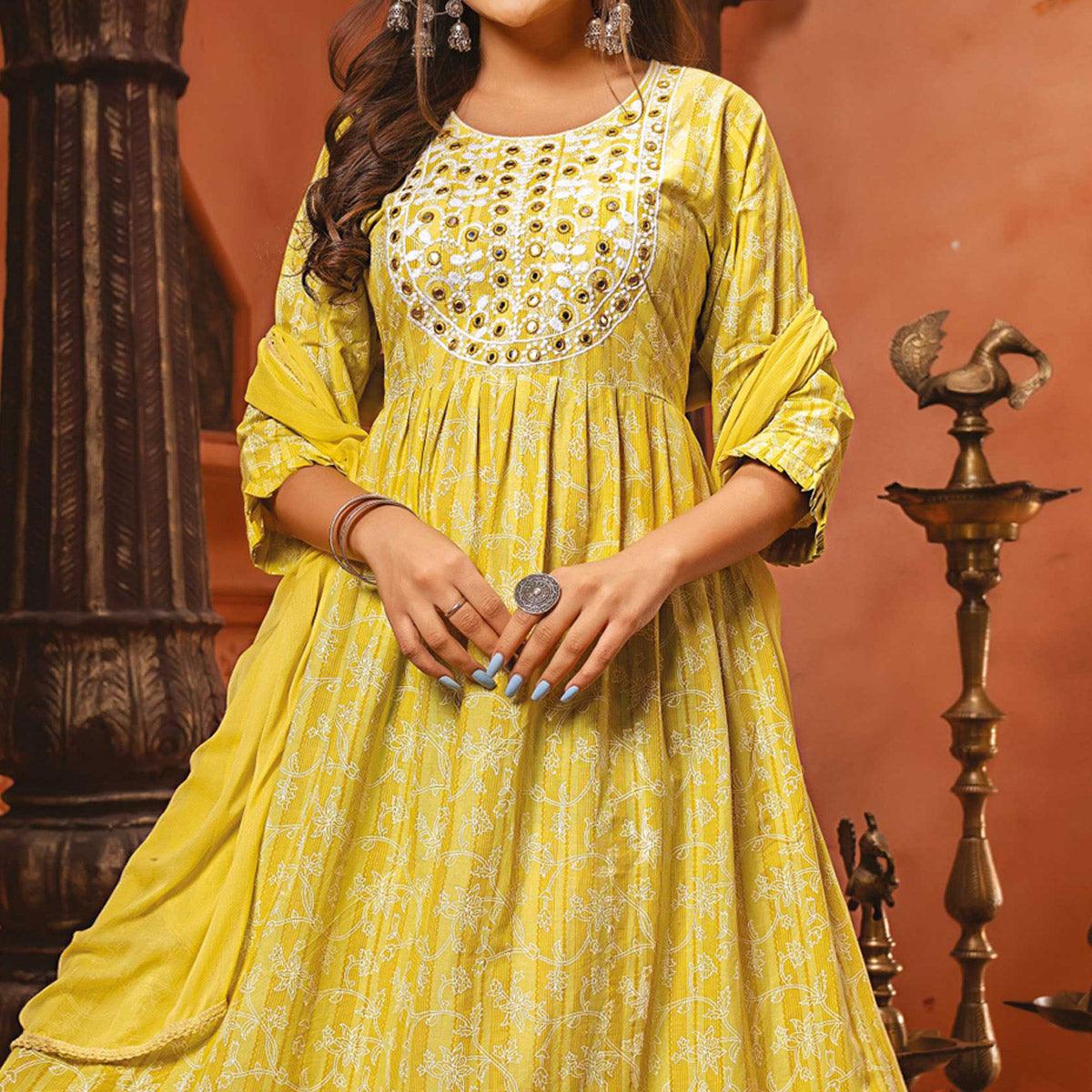 Yellow Printed-Embroidered Poly Cotton Gown With Dupatta - Peachmode