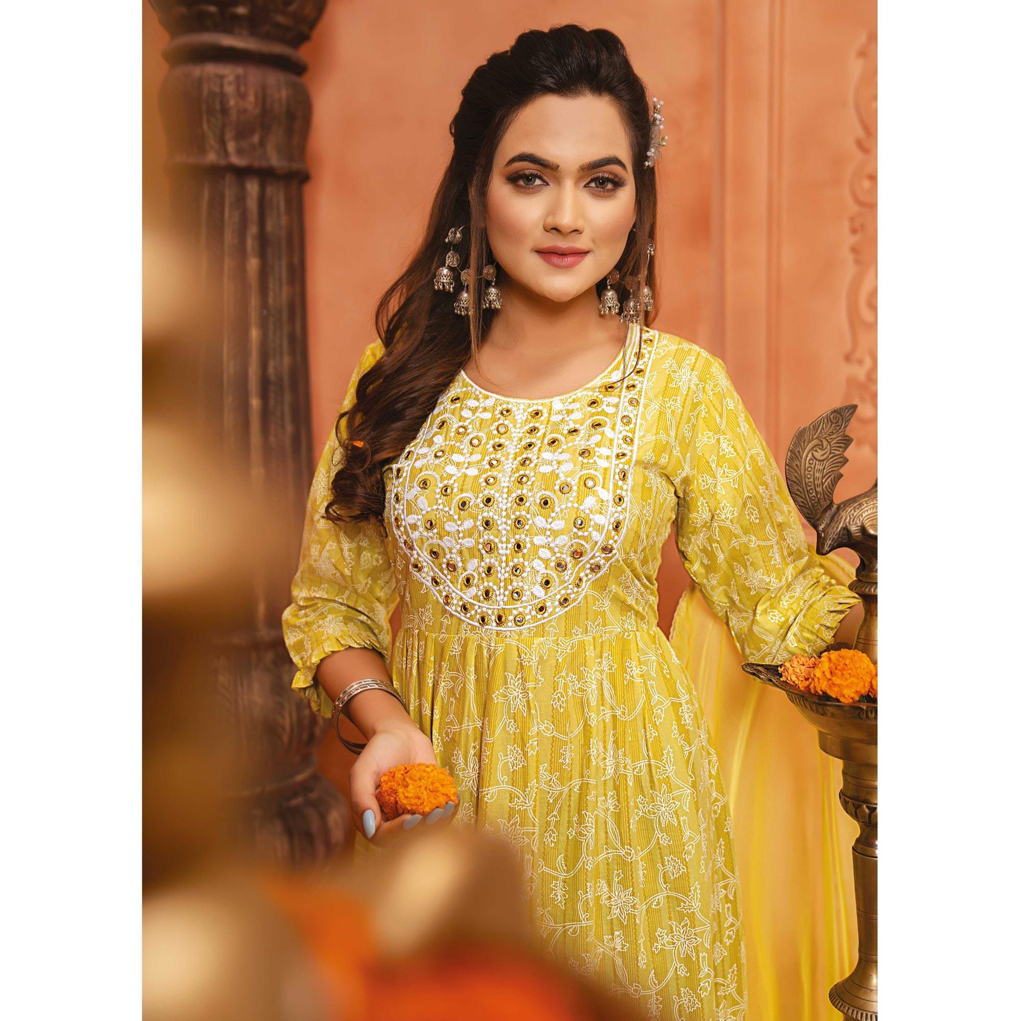 Yellow Printed-Embroidered Poly Cotton Gown With Dupatta - Peachmode