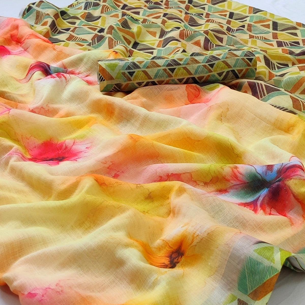 Yellow Printed Linen Saree - Peachmode