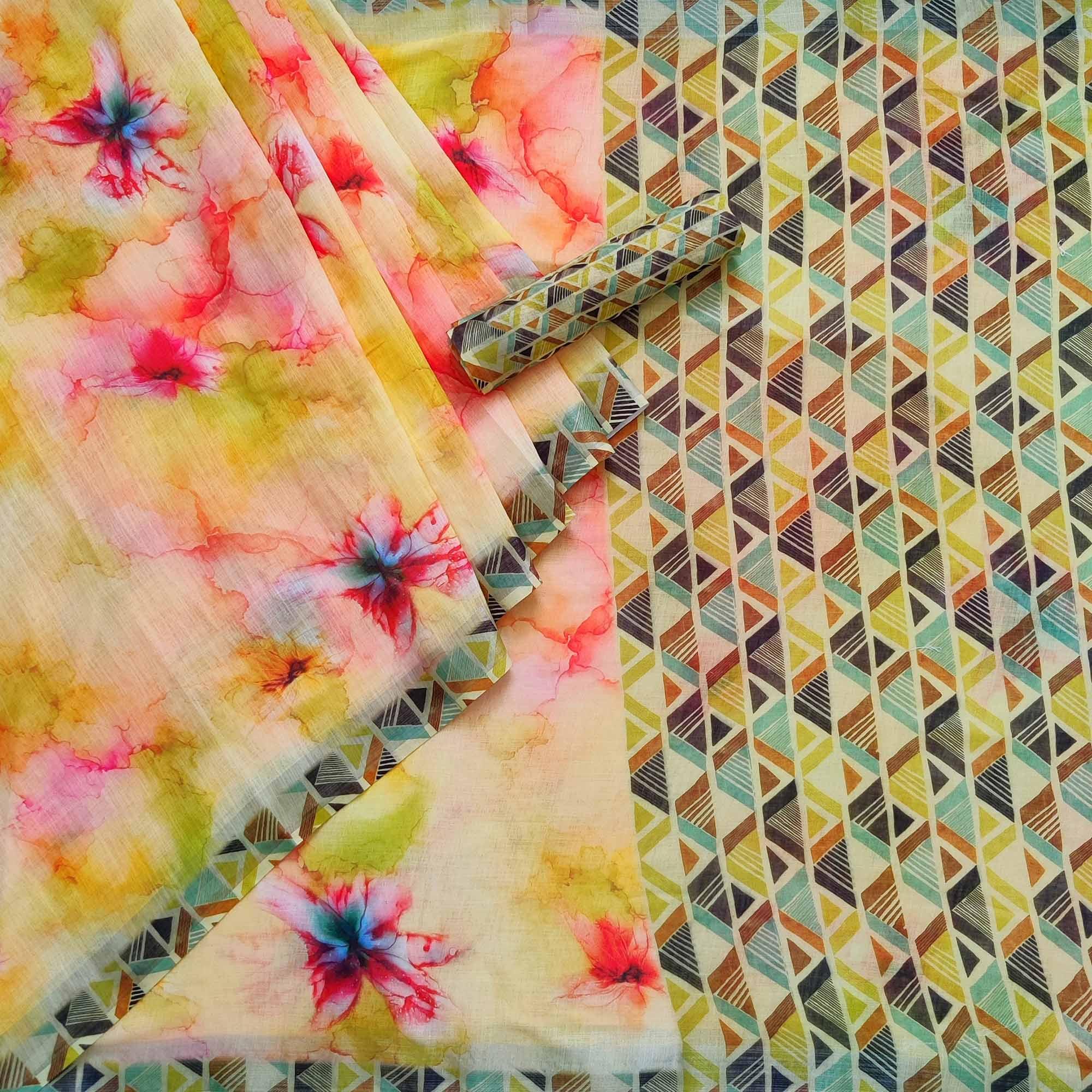 Yellow Printed Linen Saree - Peachmode