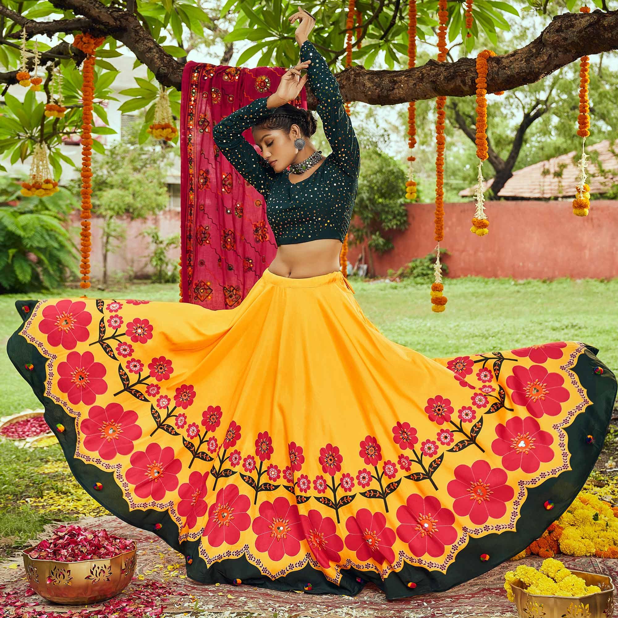 Yellow Printed Muslin Lehenga Choli - Peachmode