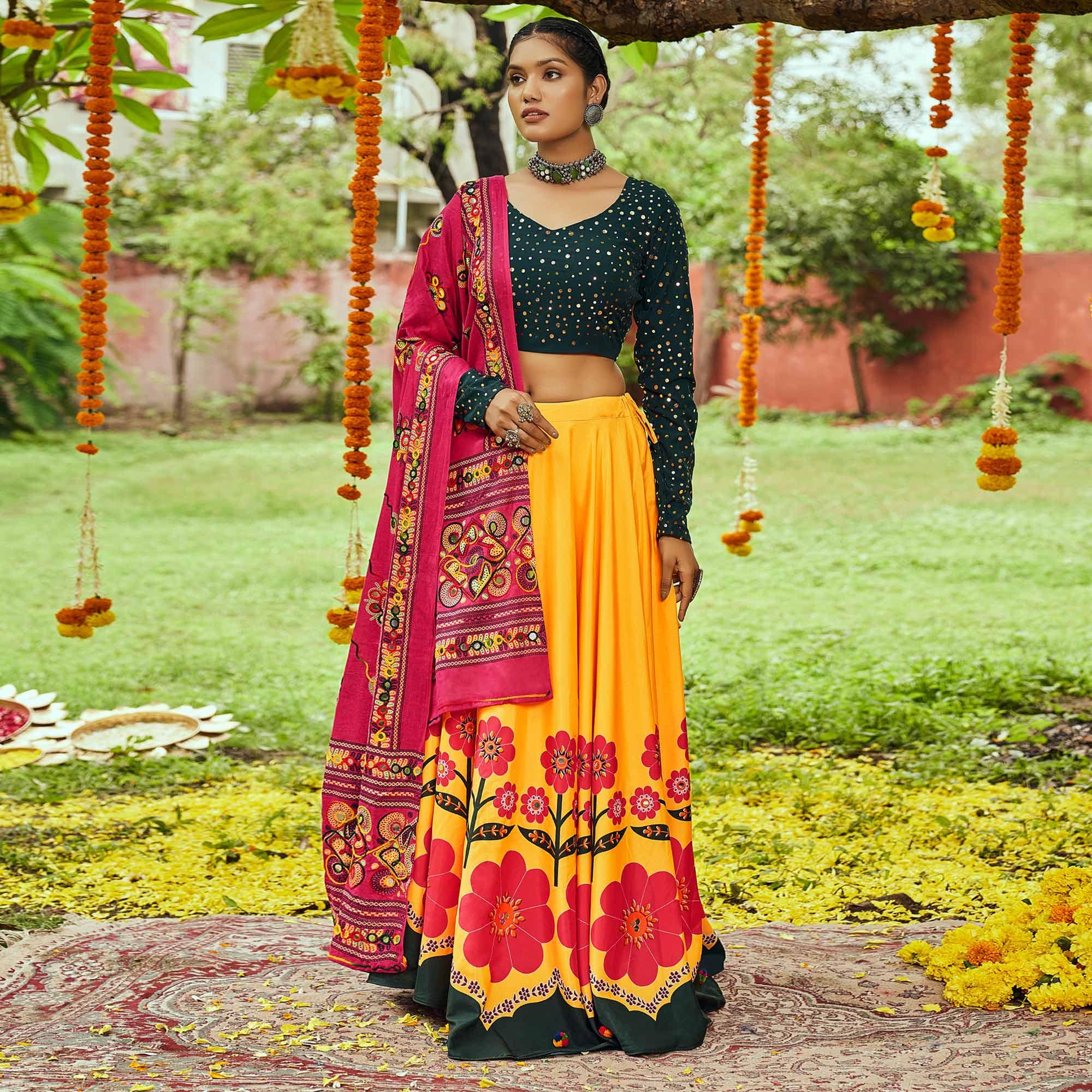 Yellow Printed Muslin Lehenga Choli - Peachmode