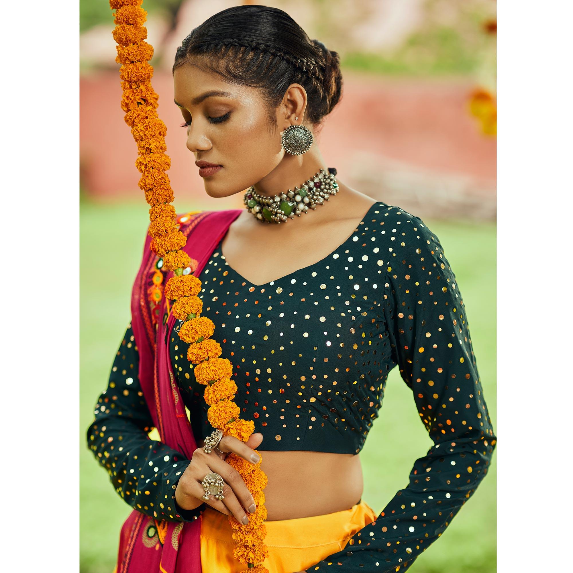 Yellow Printed Muslin Lehenga Choli - Peachmode