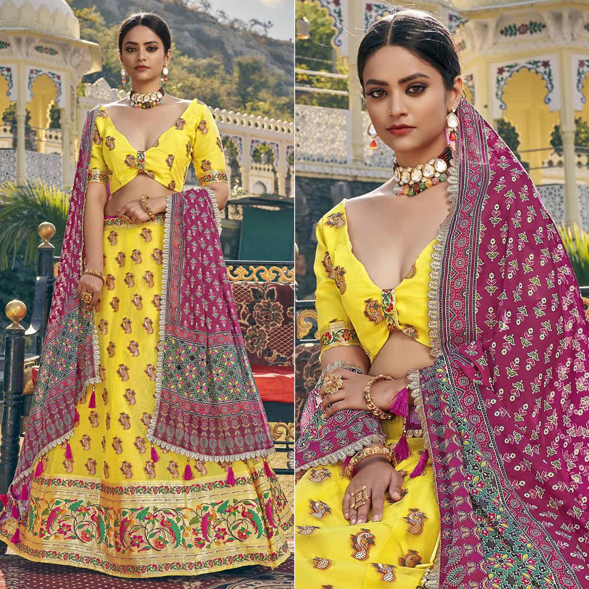 Yellow Printed Organza Lehenga Choli - Peachmode