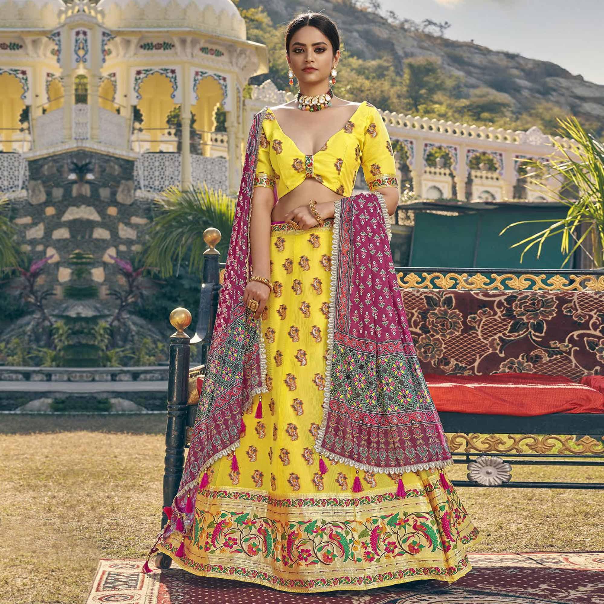 Yellow Printed Organza Lehenga Choli - Peachmode