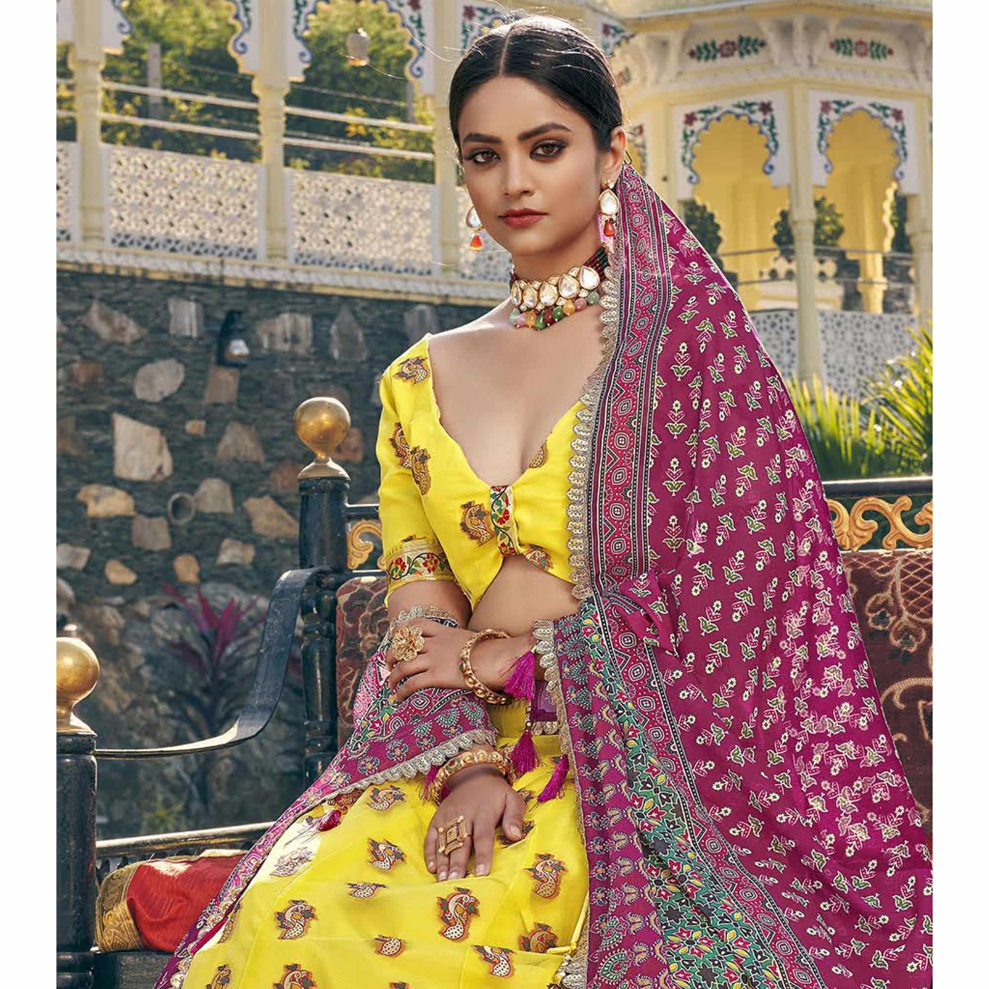 Yellow Printed Organza Lehenga Choli - Peachmode