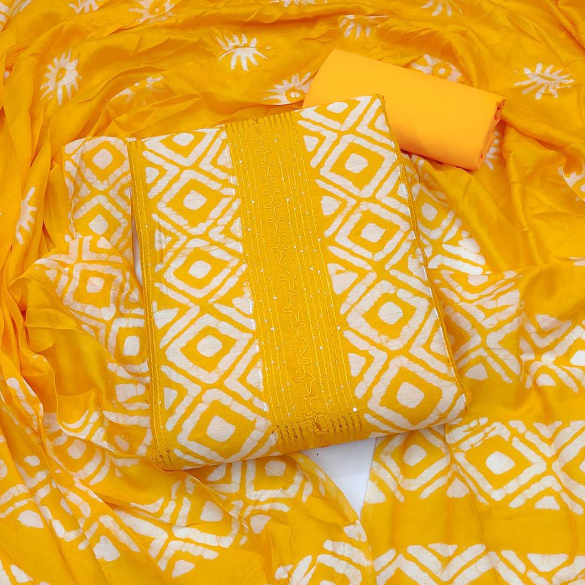 Yellow Printed Poly Cotton Dress Material - Peachmode