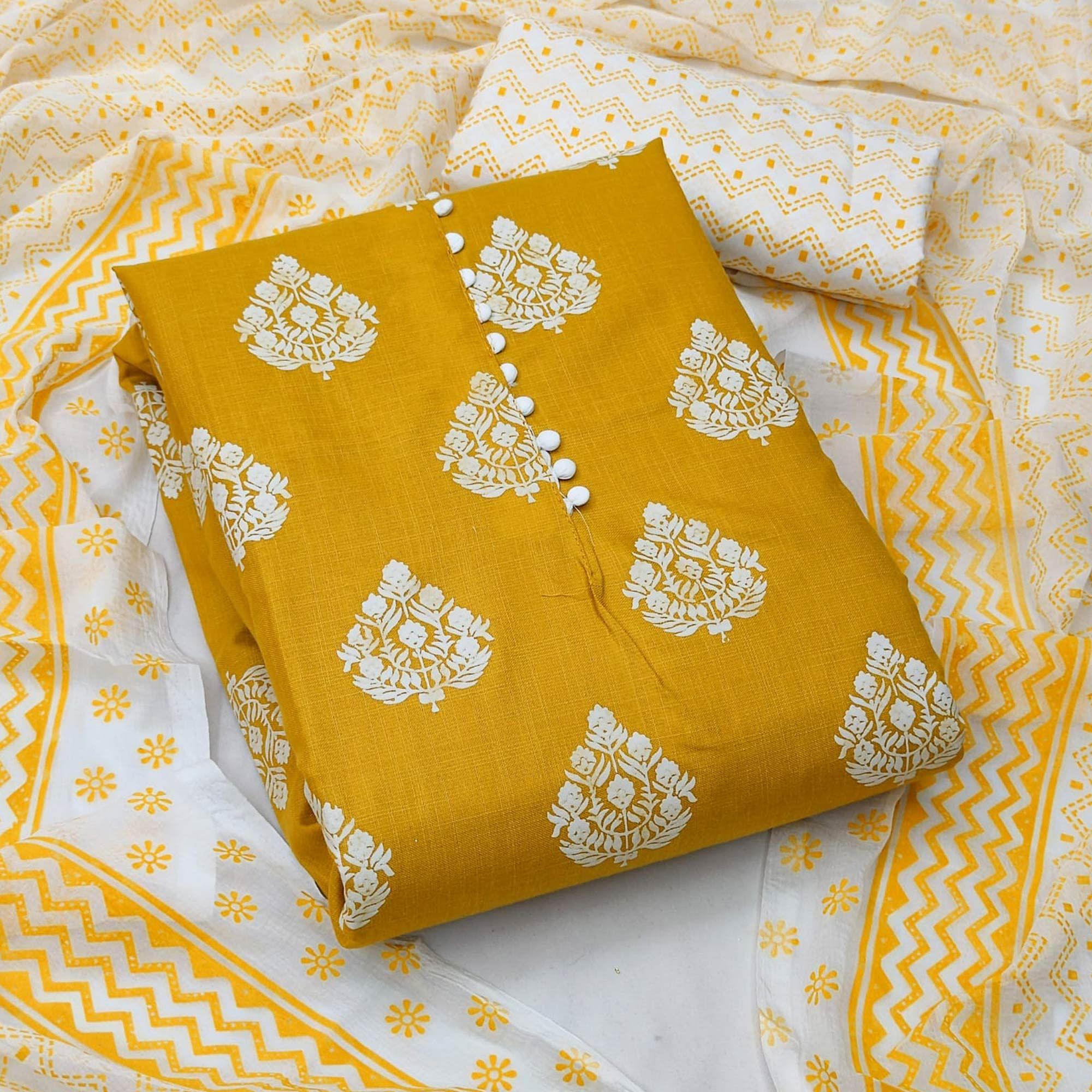 Yellow Printed Poly Cotton Dress Material - Peachmode