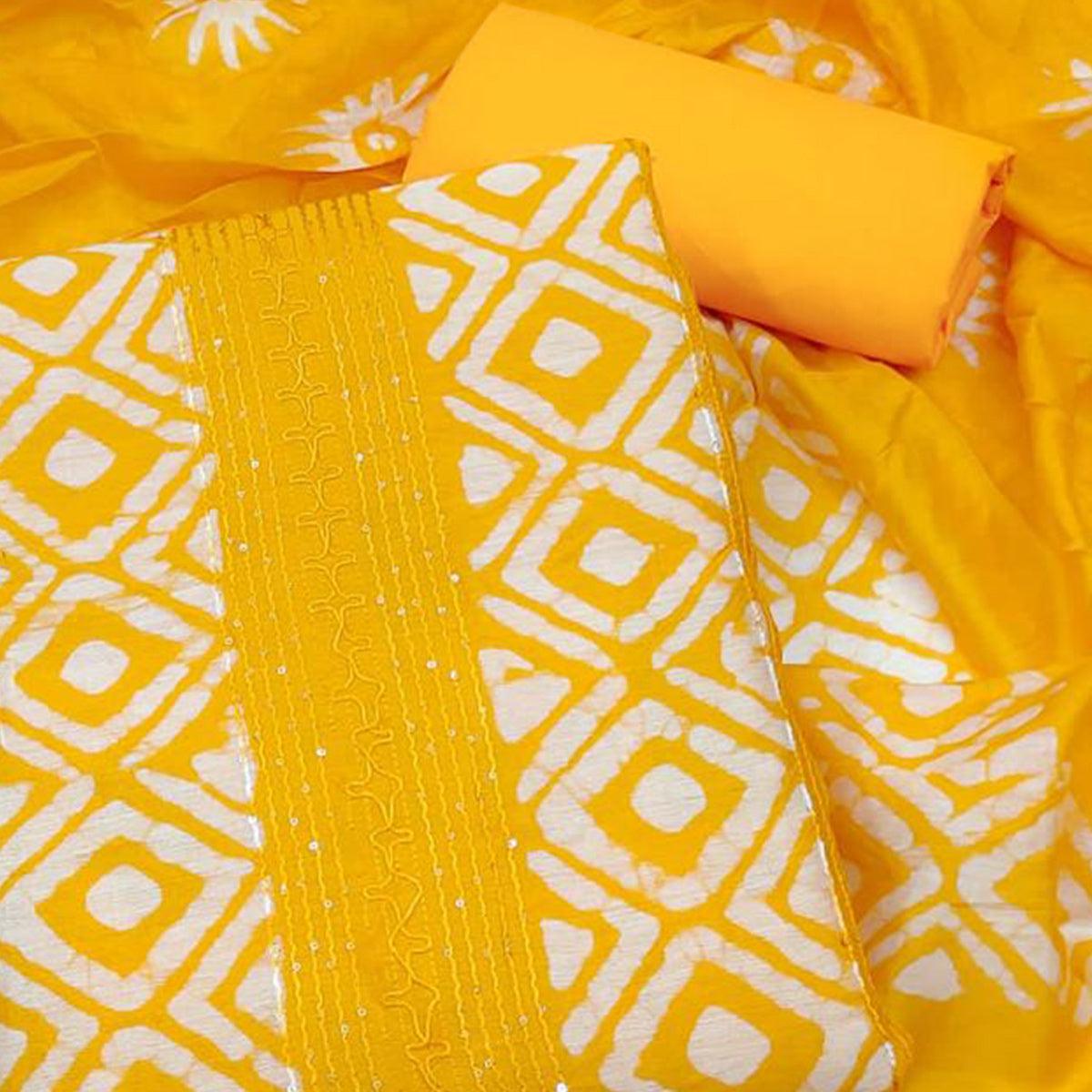 Yellow Printed Poly Cotton Dress Material - Peachmode