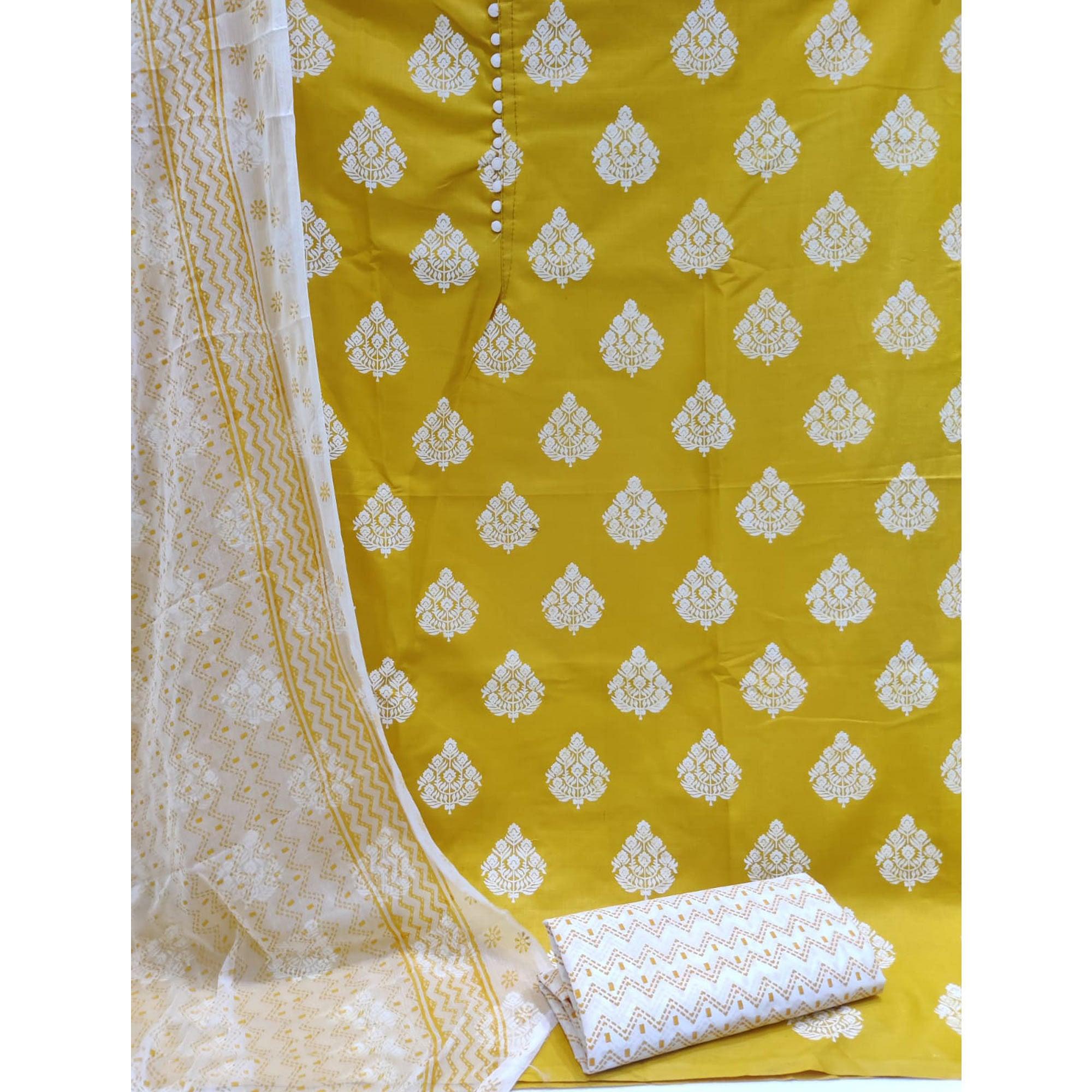 Yellow Printed Poly Cotton Dress Material - Peachmode