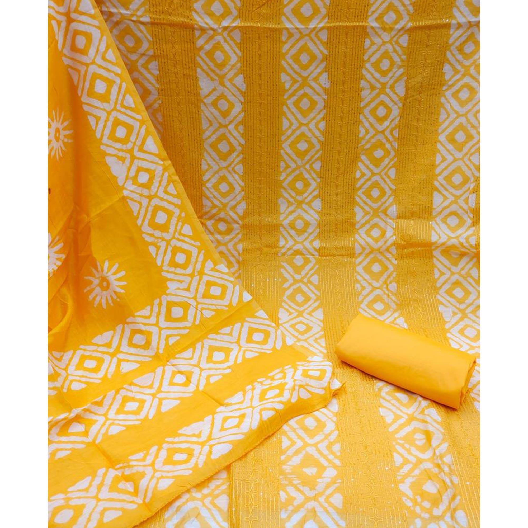 Yellow Printed Poly Cotton Dress Material - Peachmode