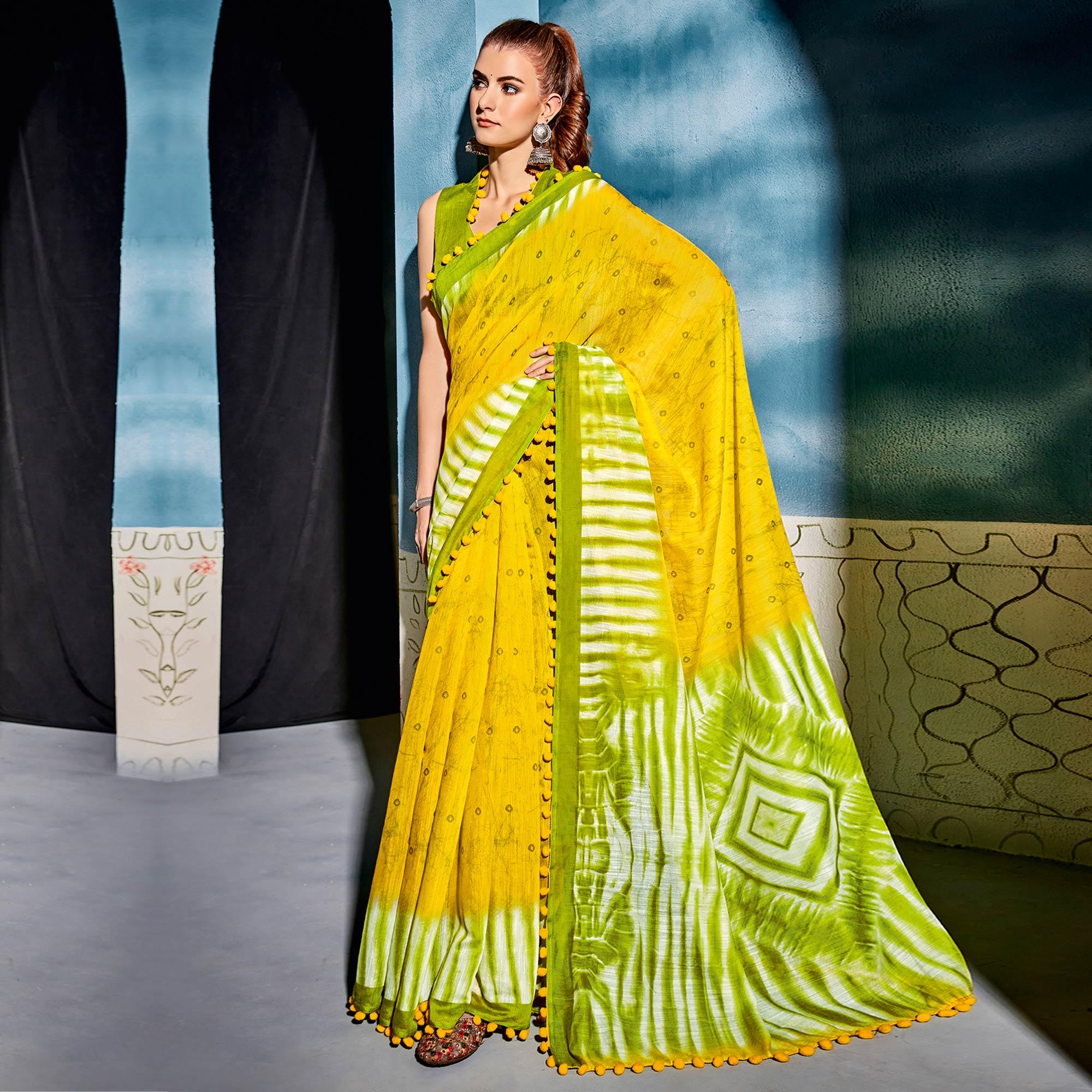 Yellow Printed Poly Cotton Saree With Pumpum Lace - Peachmode