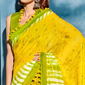 Yellow Printed Poly Cotton Saree With Pumpum Lace - Peachmode