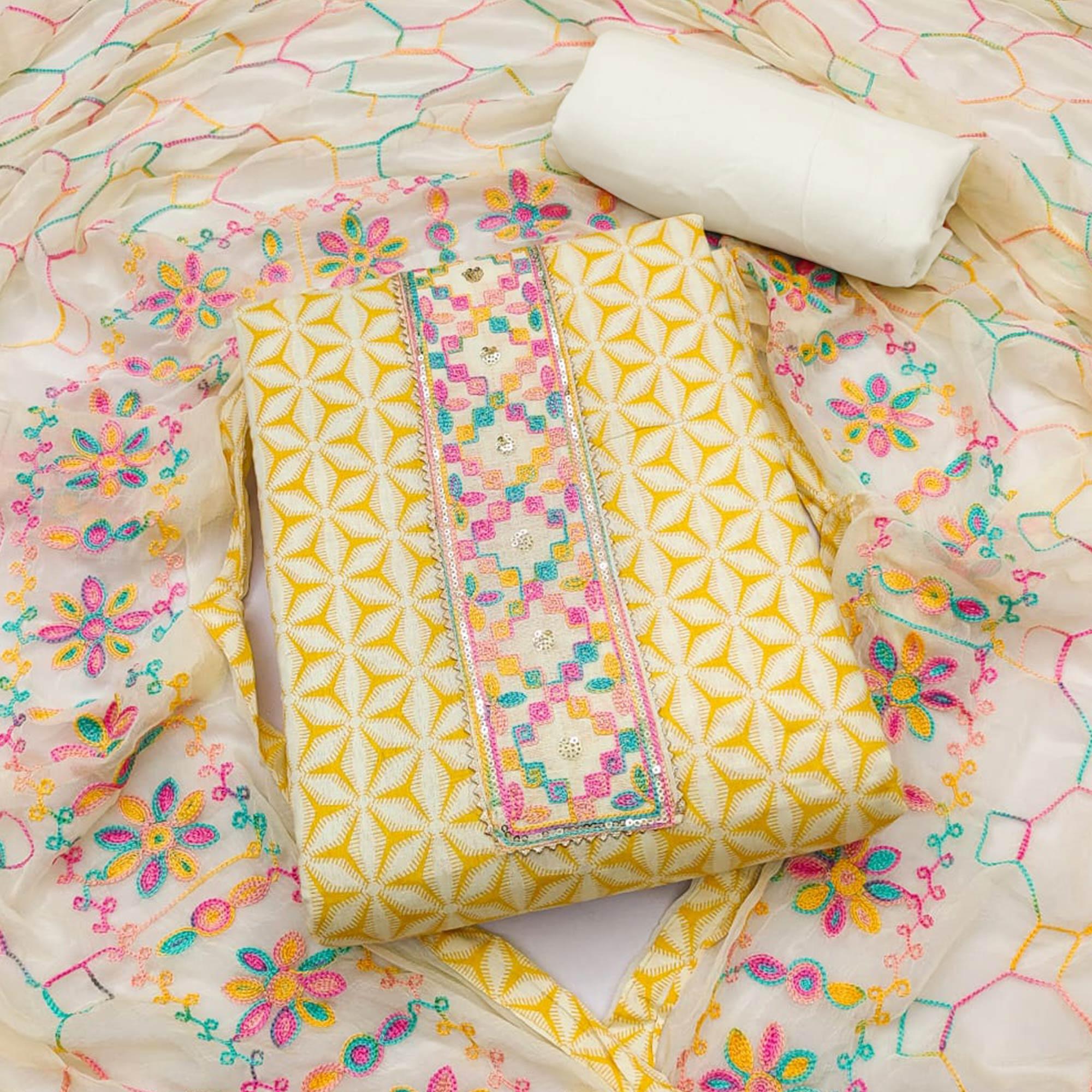 Yellow Printed Pure Cotton Dress Material - Peachmode