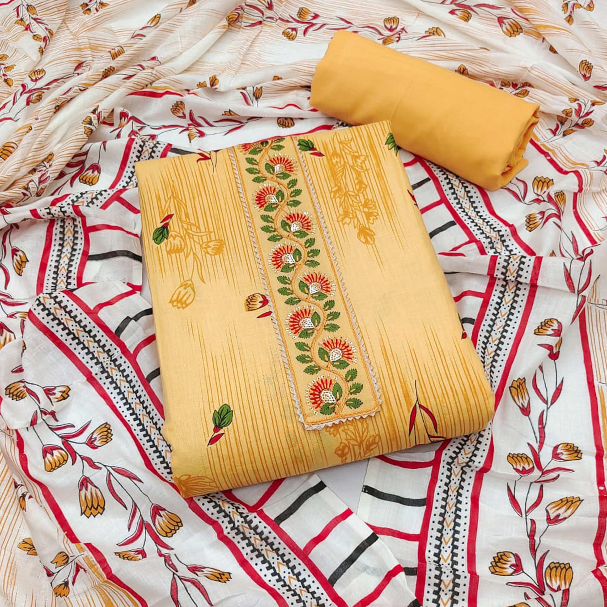 Yellow Printed Pure Cotton Dress Material - Peachmode