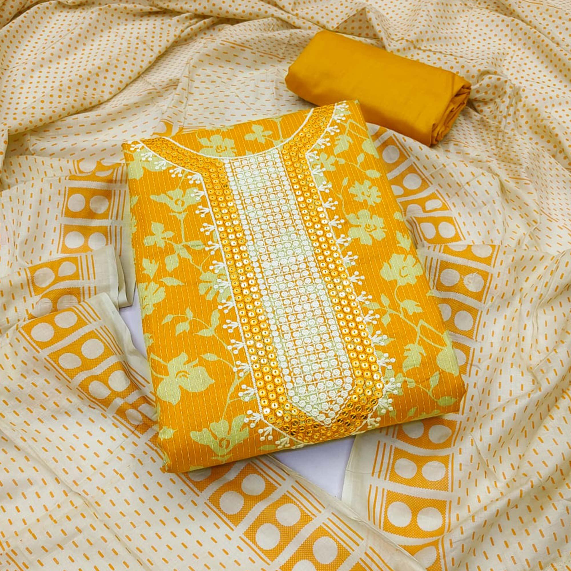Yellow Printed Pure Cotton Dress Material - Peachmode