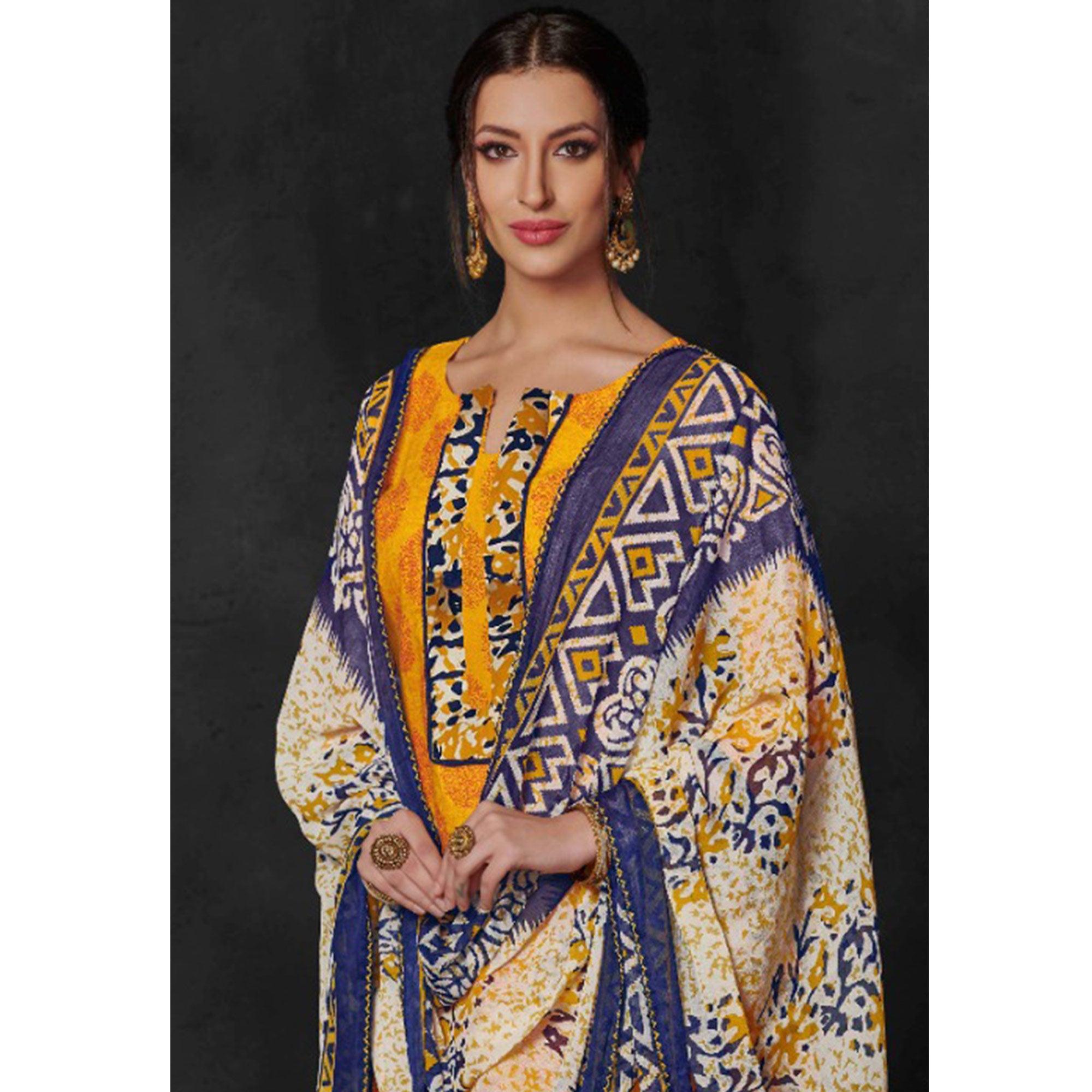 Yellow Printed Pure Cotton Dress Material - Peachmode
