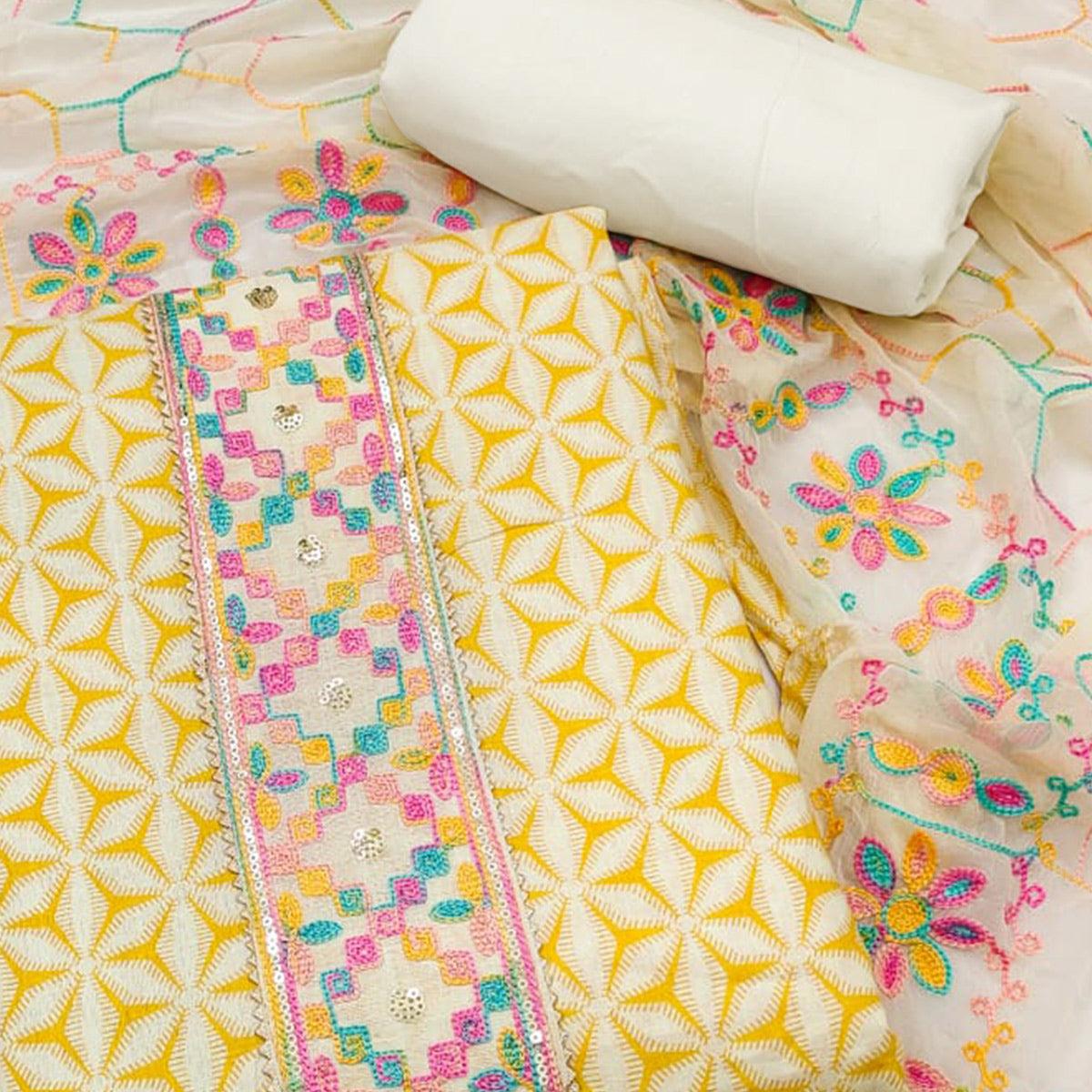 Yellow Printed Pure Cotton Dress Material - Peachmode
