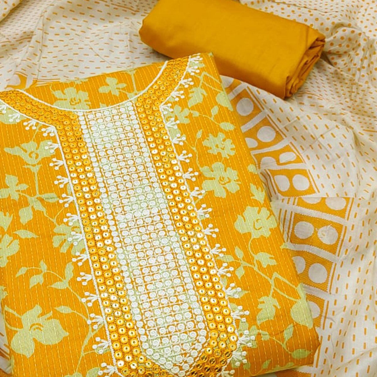 Yellow Printed Pure Cotton Dress Material - Peachmode