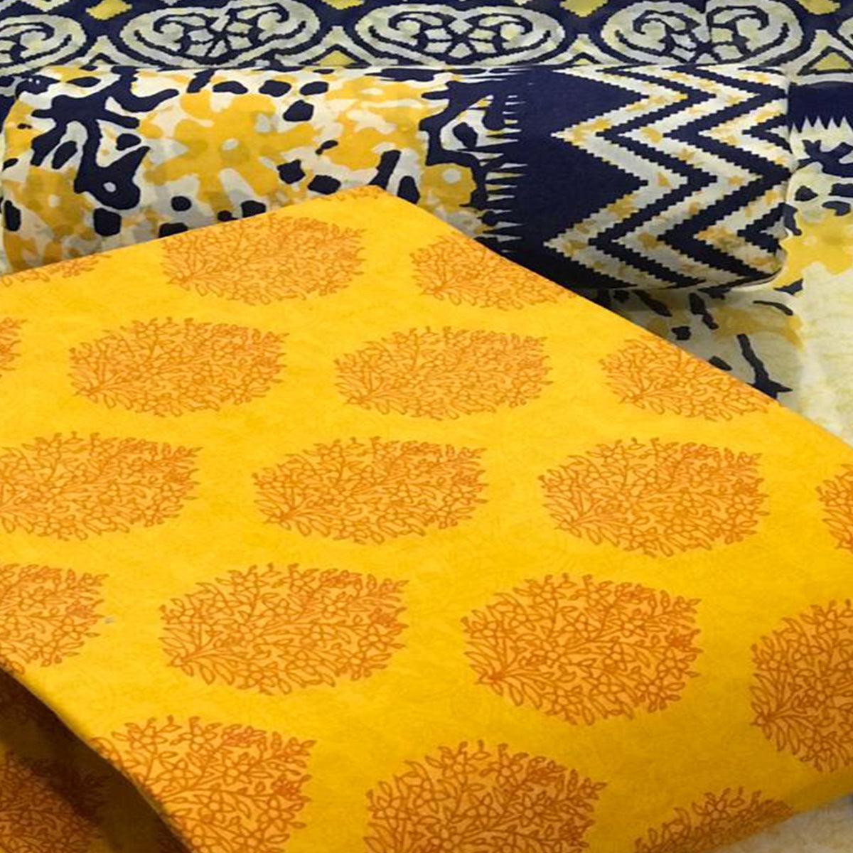 Yellow Printed Pure Cotton Dress Material - Peachmode