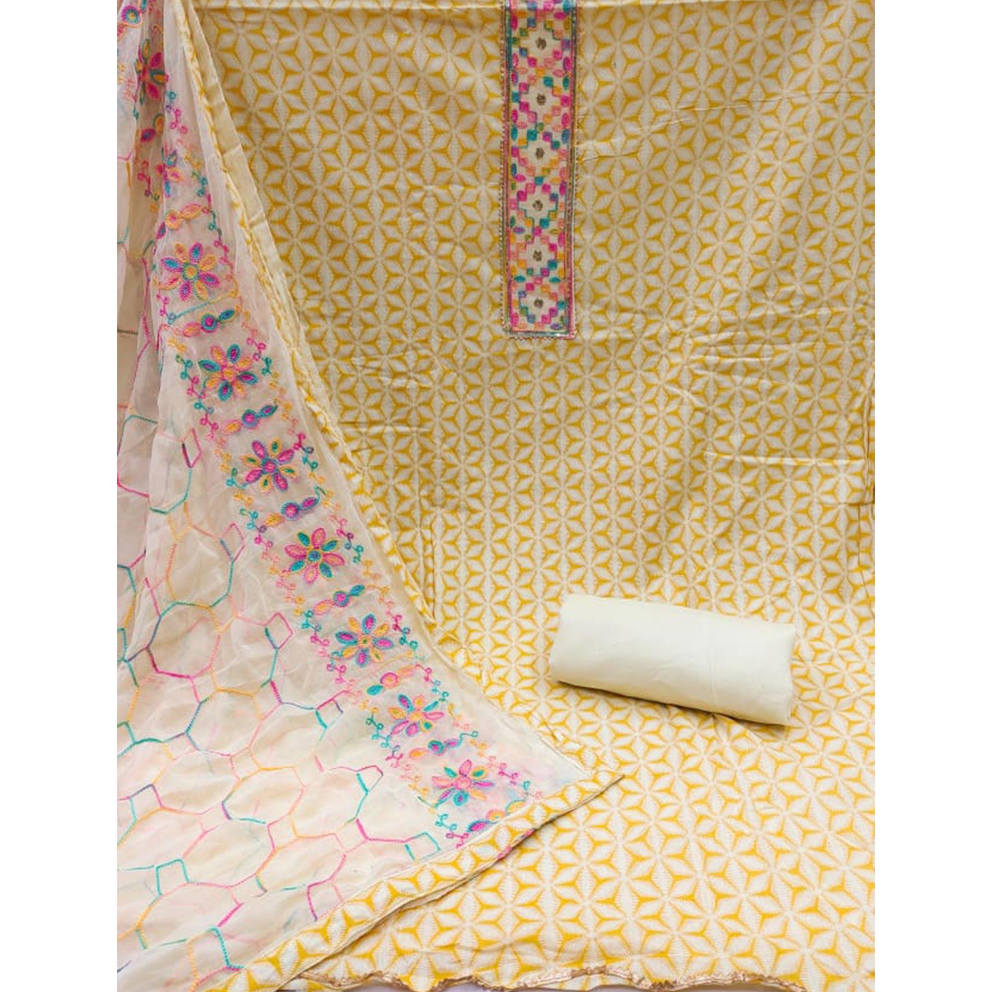 Yellow Printed Pure Cotton Dress Material - Peachmode