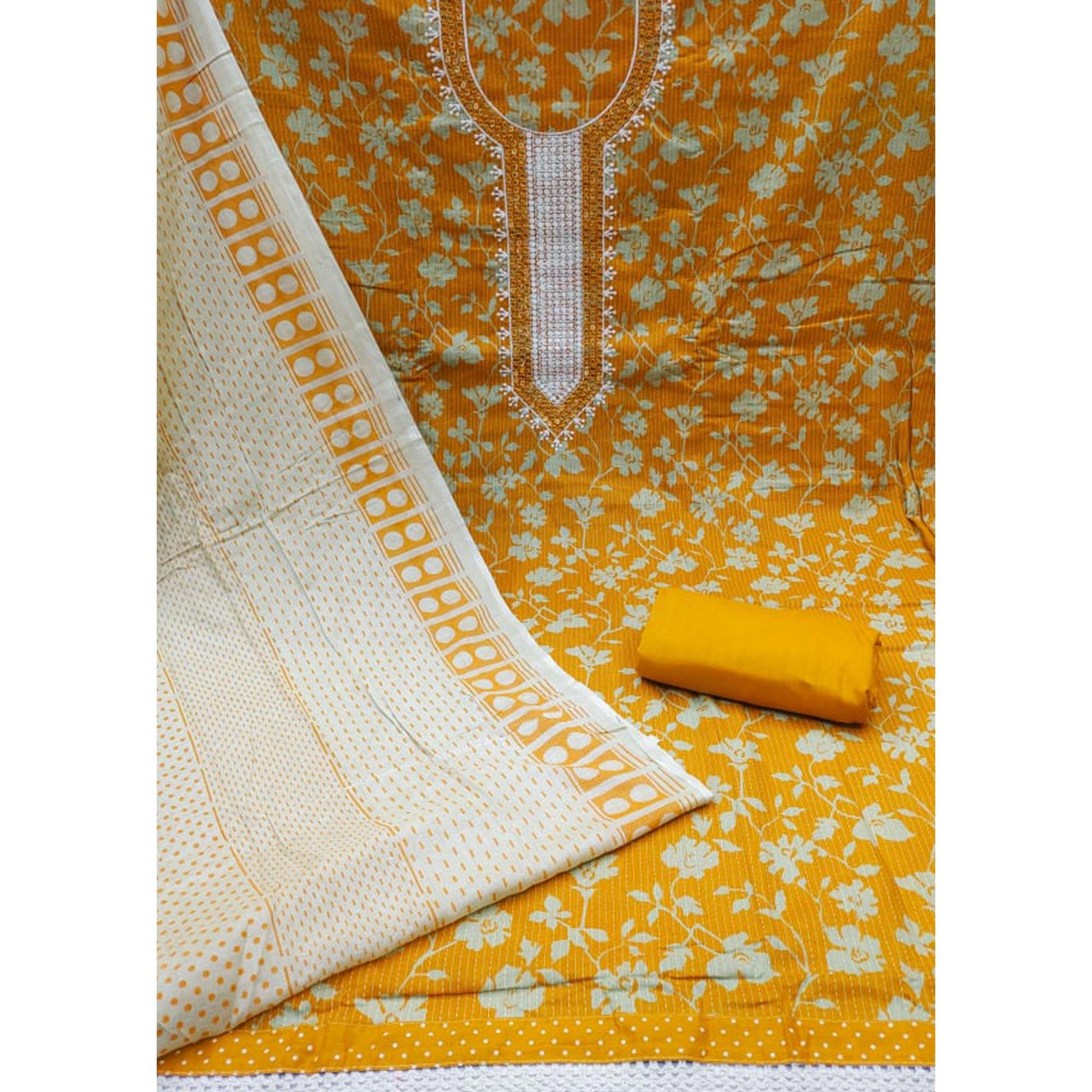 Yellow Printed Pure Cotton Dress Material - Peachmode