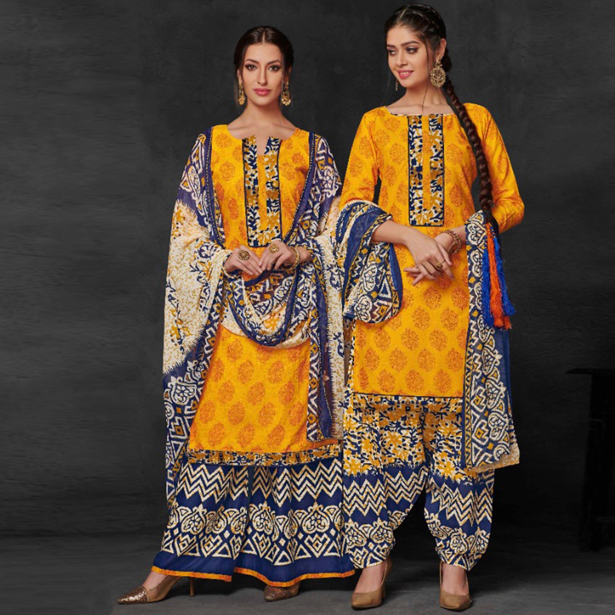 Yellow Printed Pure Cotton Dress Material - Peachmode