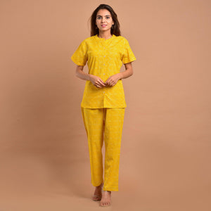 Yellow Printed Pure Cotton Night Suit - Peachmode