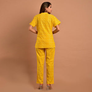 Yellow Printed Pure Cotton Night Suit - Peachmode