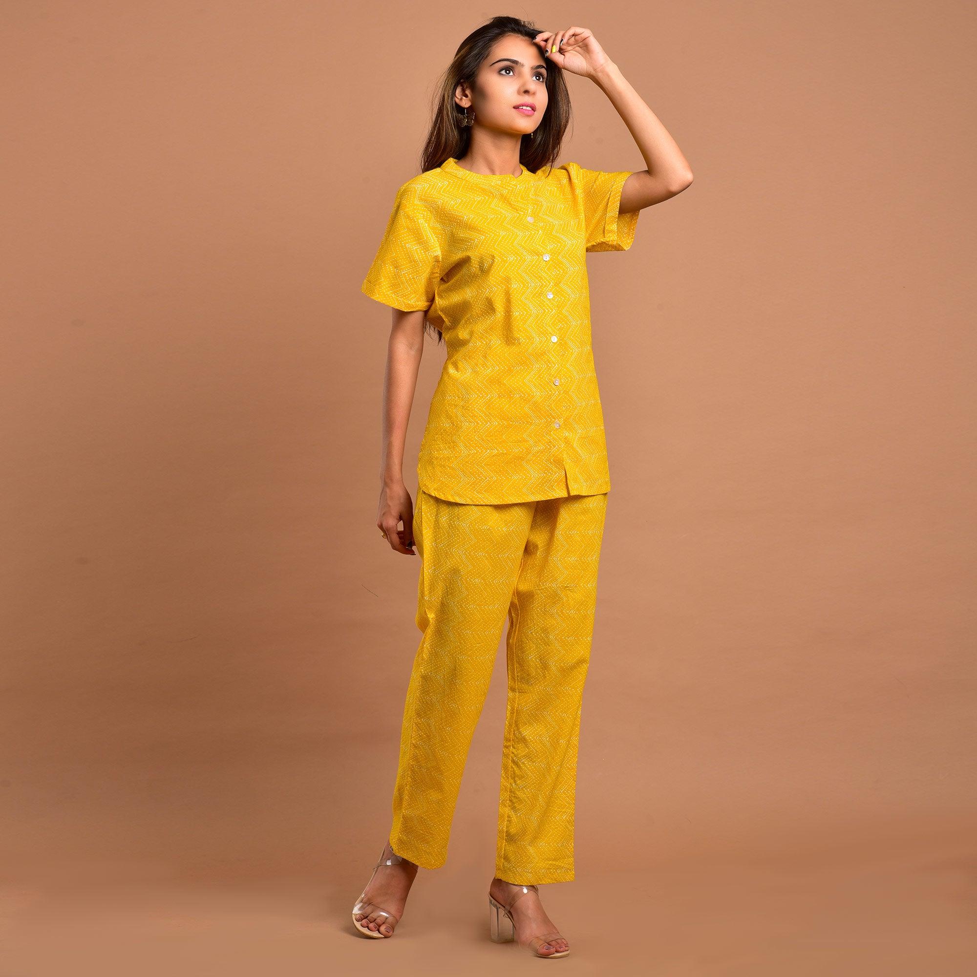 Yellow Printed Pure Cotton Night Suit - Peachmode