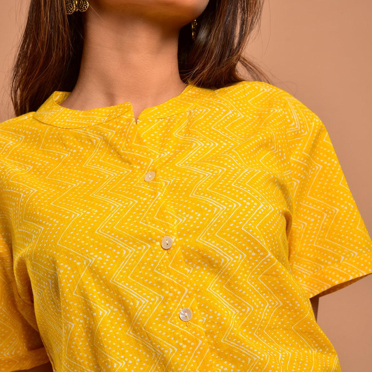 Yellow Printed Pure Cotton Night Suit - Peachmode