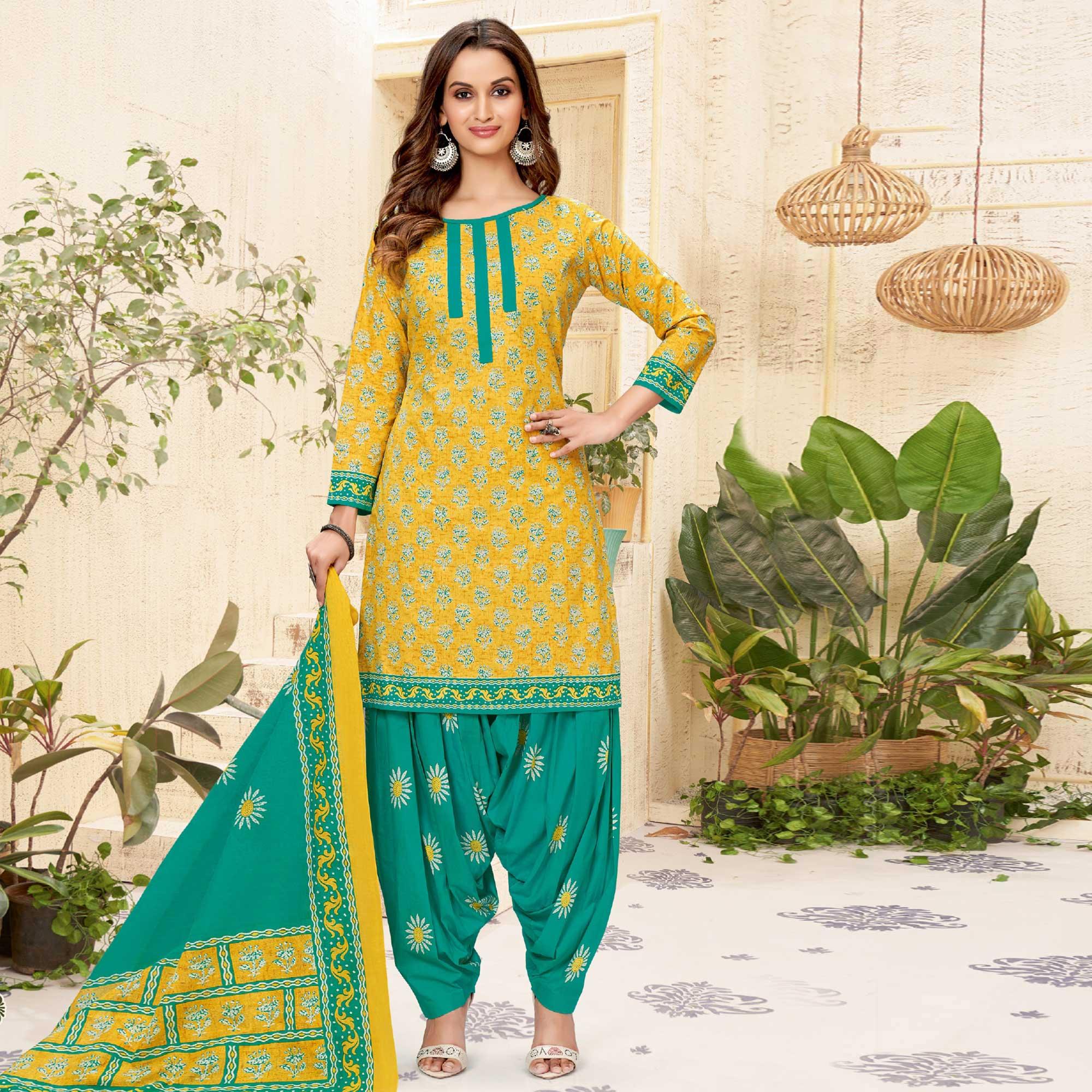 Yellow Printed Pure Cotton Patiala Dress Material Yellow Printed Pure Cotton Patiala Dress Material