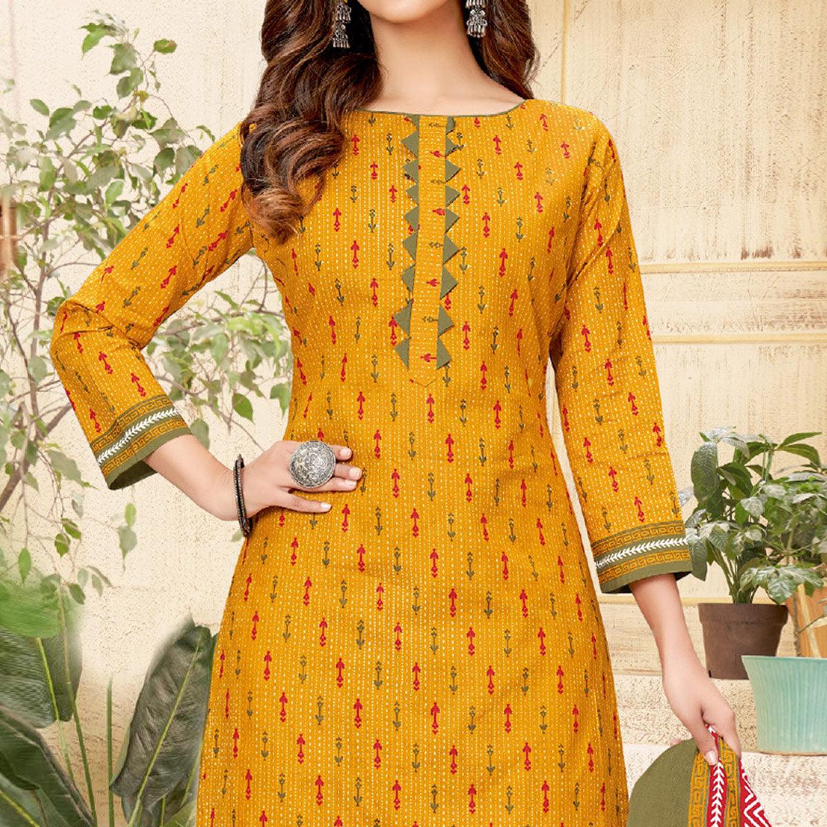 Yellow Printed Pure Cotton Patiala Dress Material - Peachmode