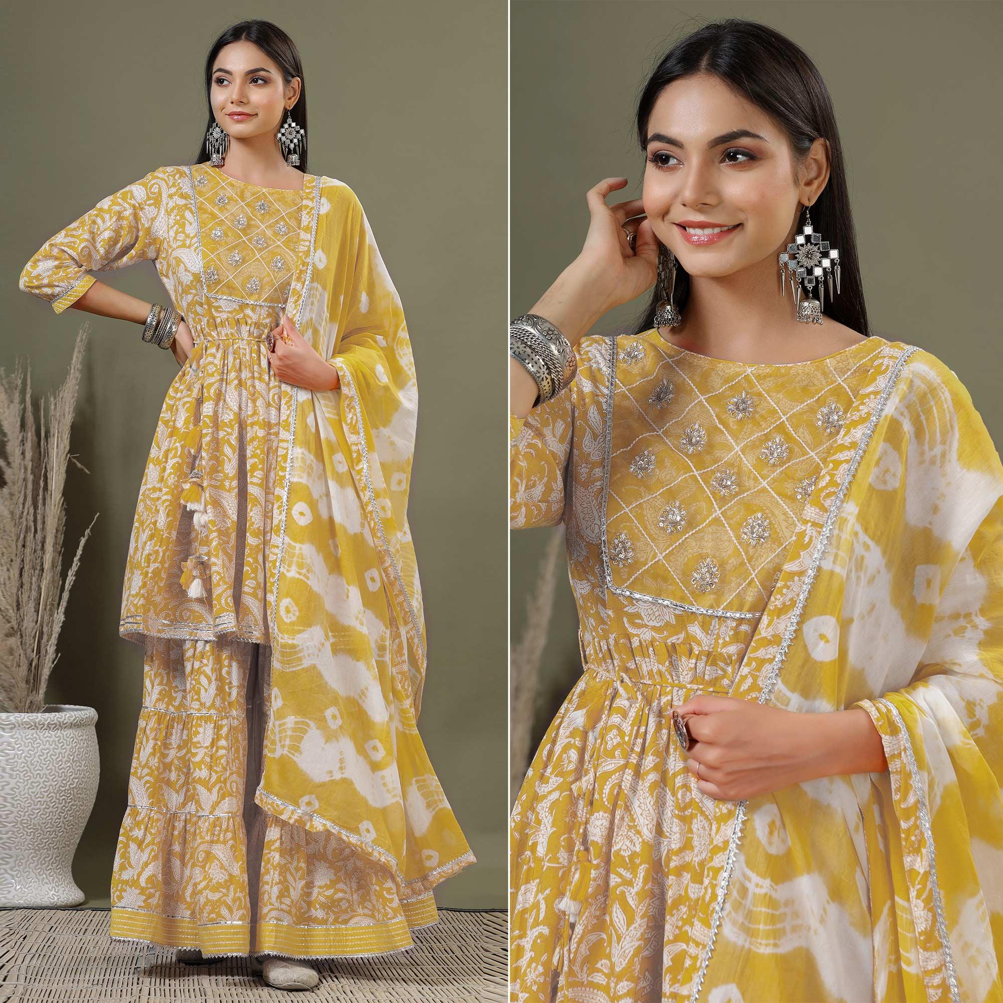 Yellow Printed Pure Cotton Sharara Suit - Peachmode