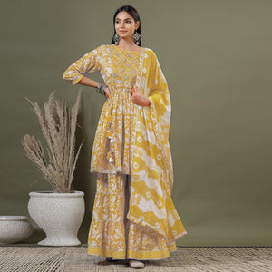 Yellow Printed Pure Cotton Sharara Suit - Peachmode