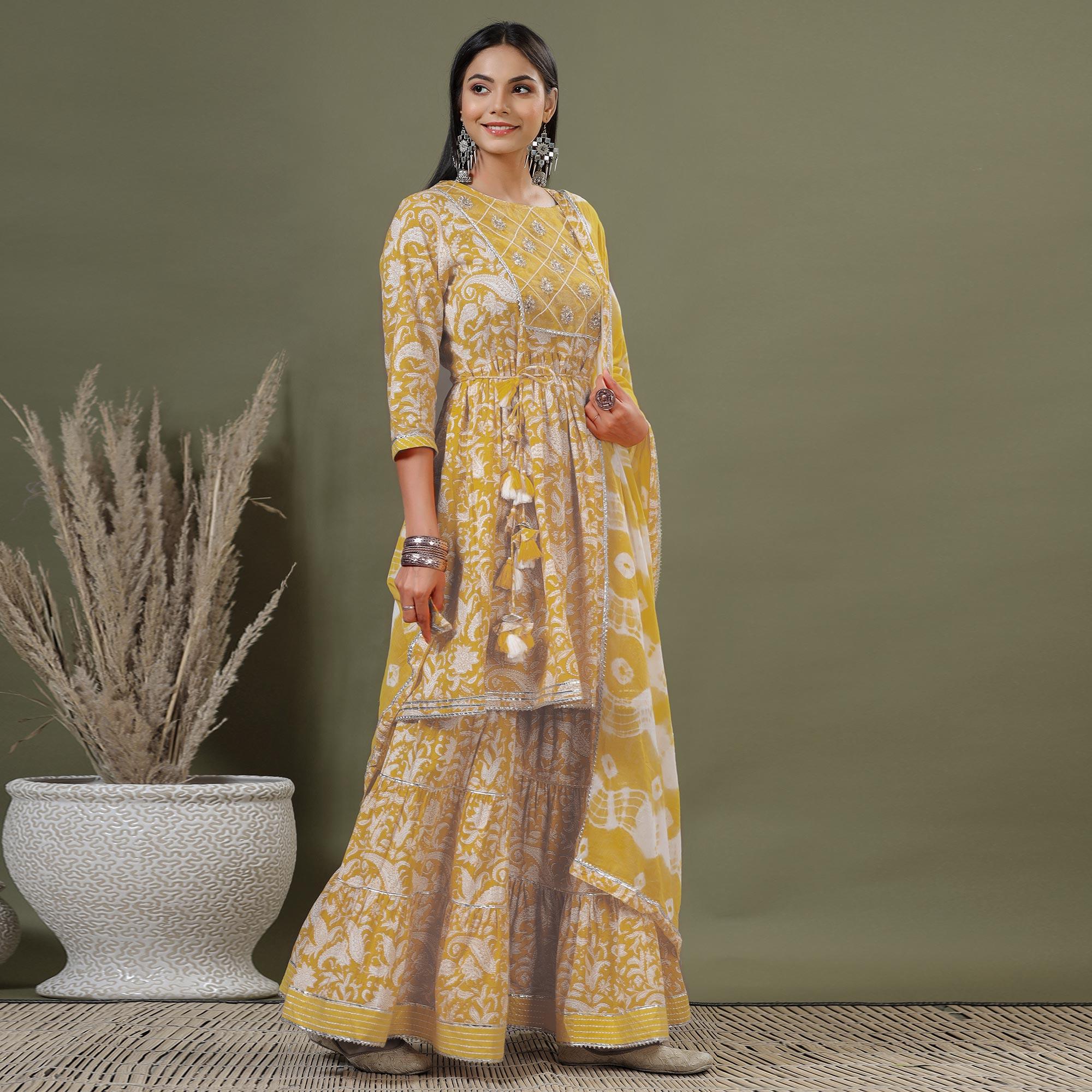 Yellow Printed Pure Cotton Sharara Suit - Peachmode