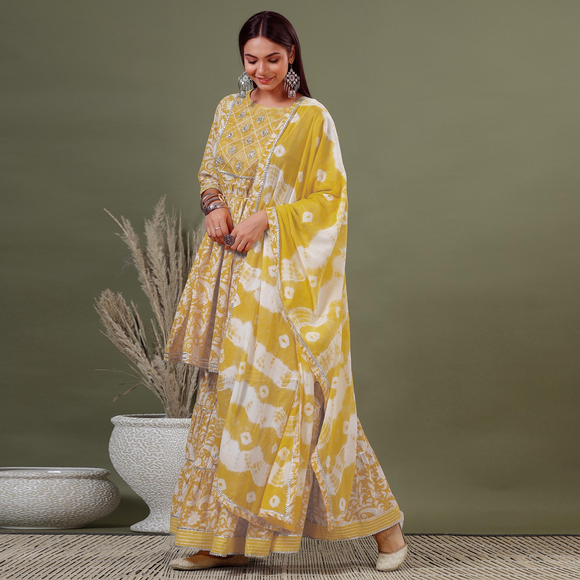 Yellow Printed Pure Cotton Sharara Suit - Peachmode