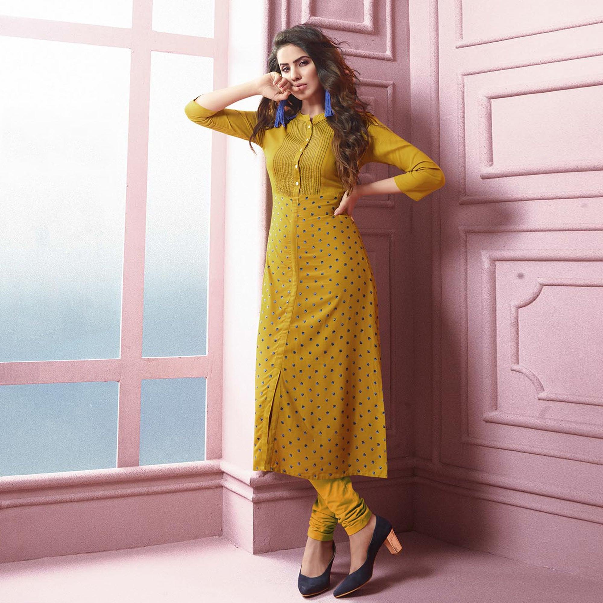 Yellow Printed Rayon Kurti - Peachmode