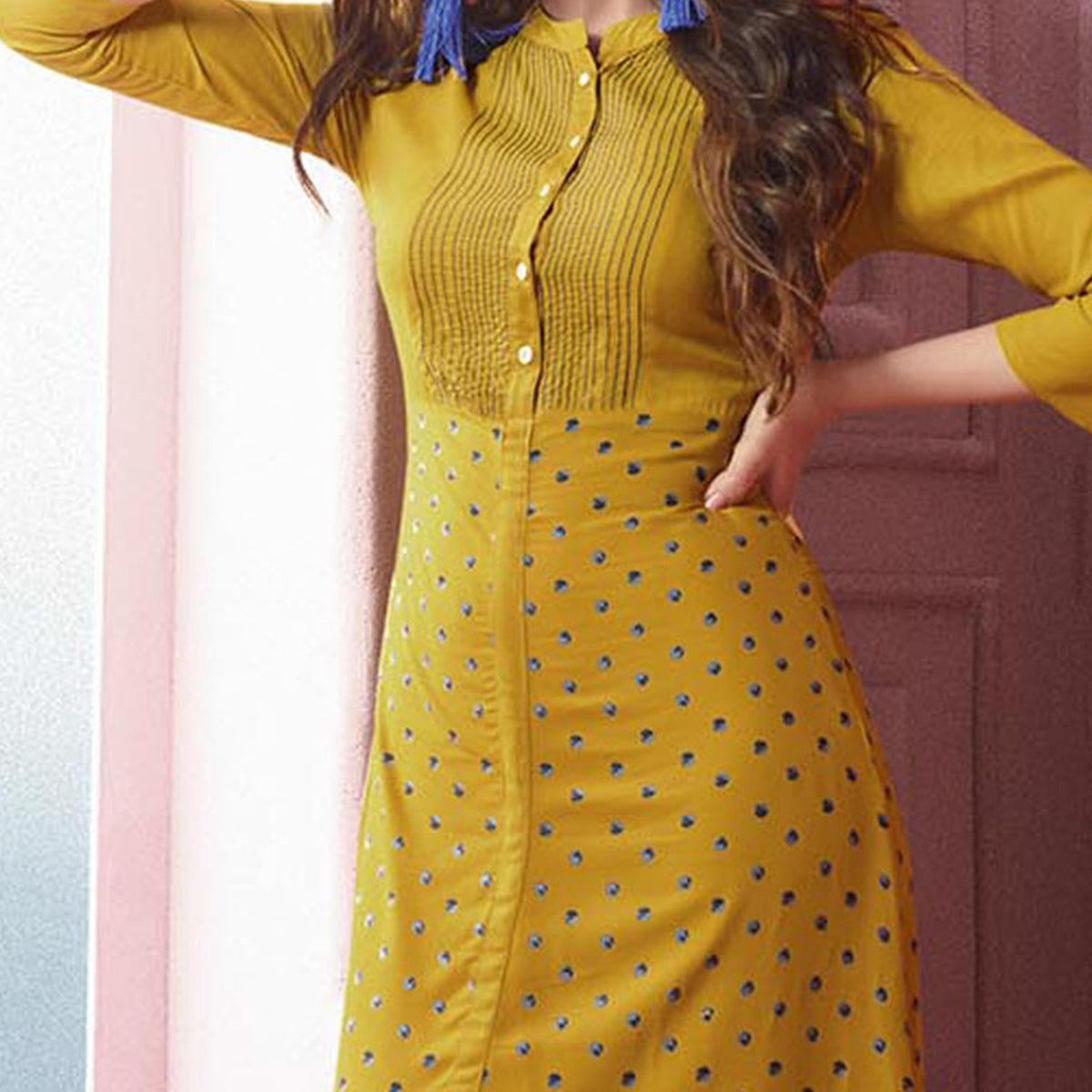 Yellow Printed Rayon Kurti - Peachmode