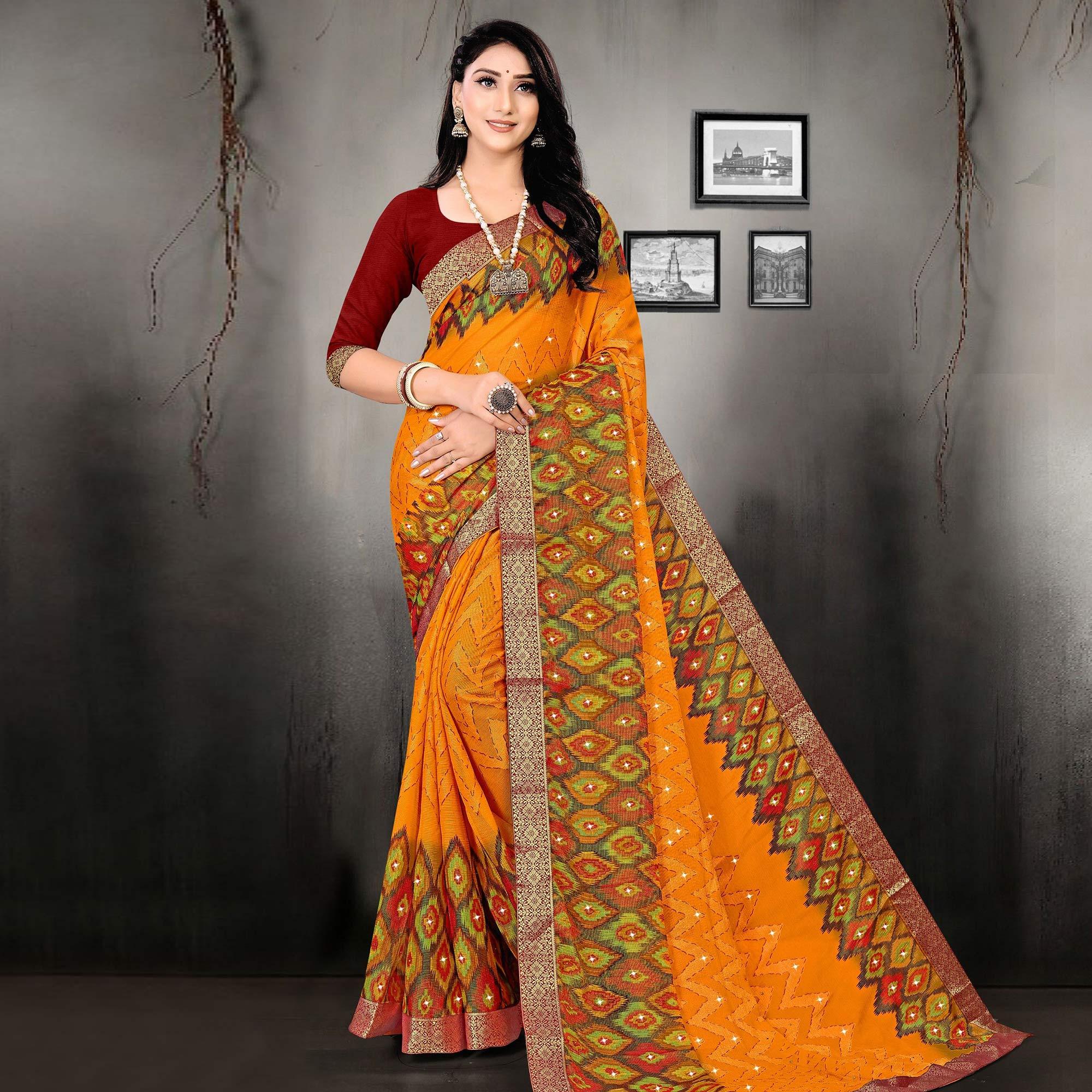 Yellow Printed With Embellished Brasso Saree - Peachmode