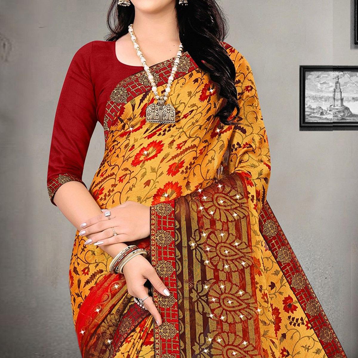 Yellow Printed With Embellished Brasso Saree - Peachmode